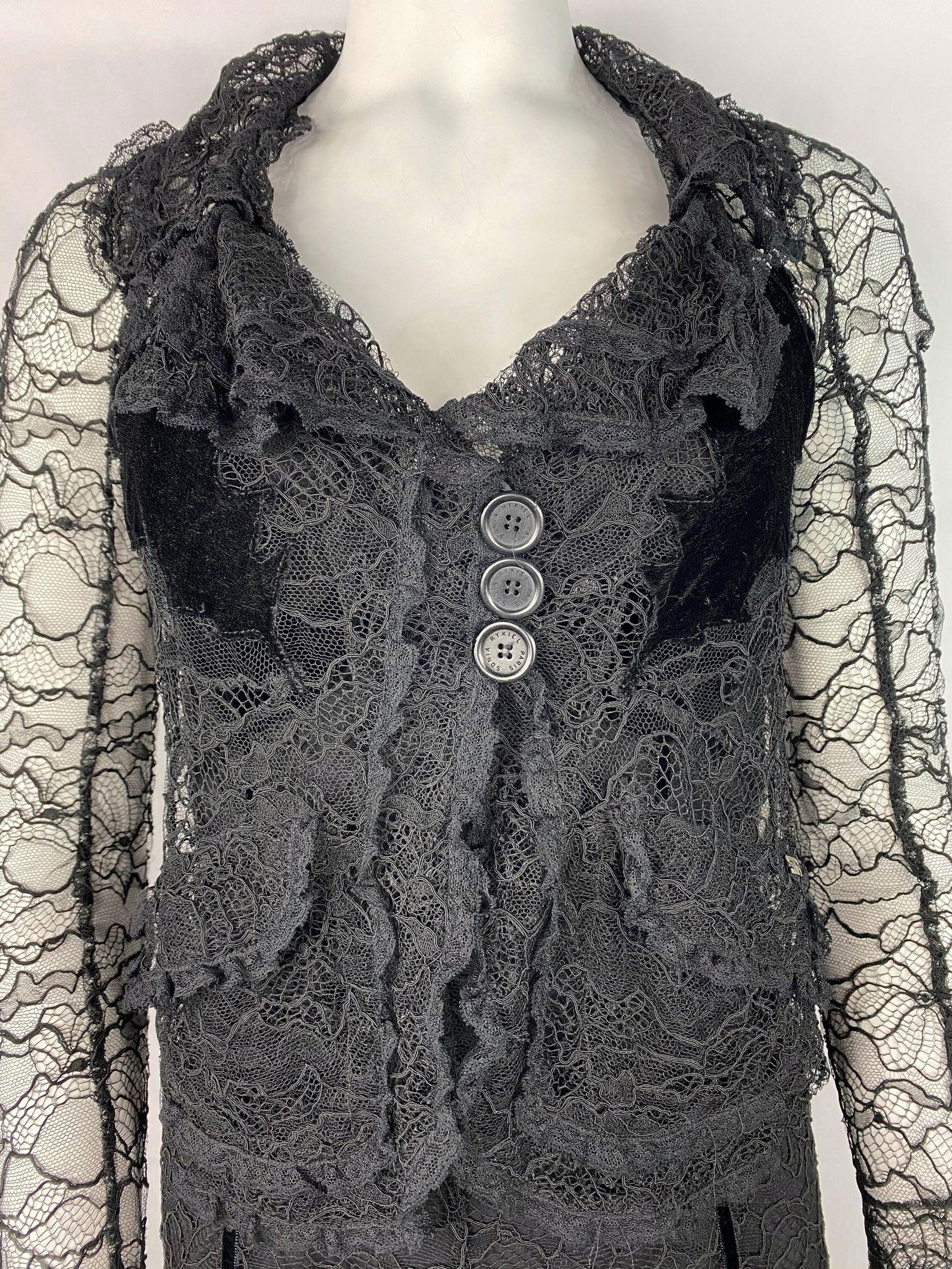 Vintage Sonia Rykiel Black Lace and Velvet Slip Dress with Jacket Set, Size 38 - 8