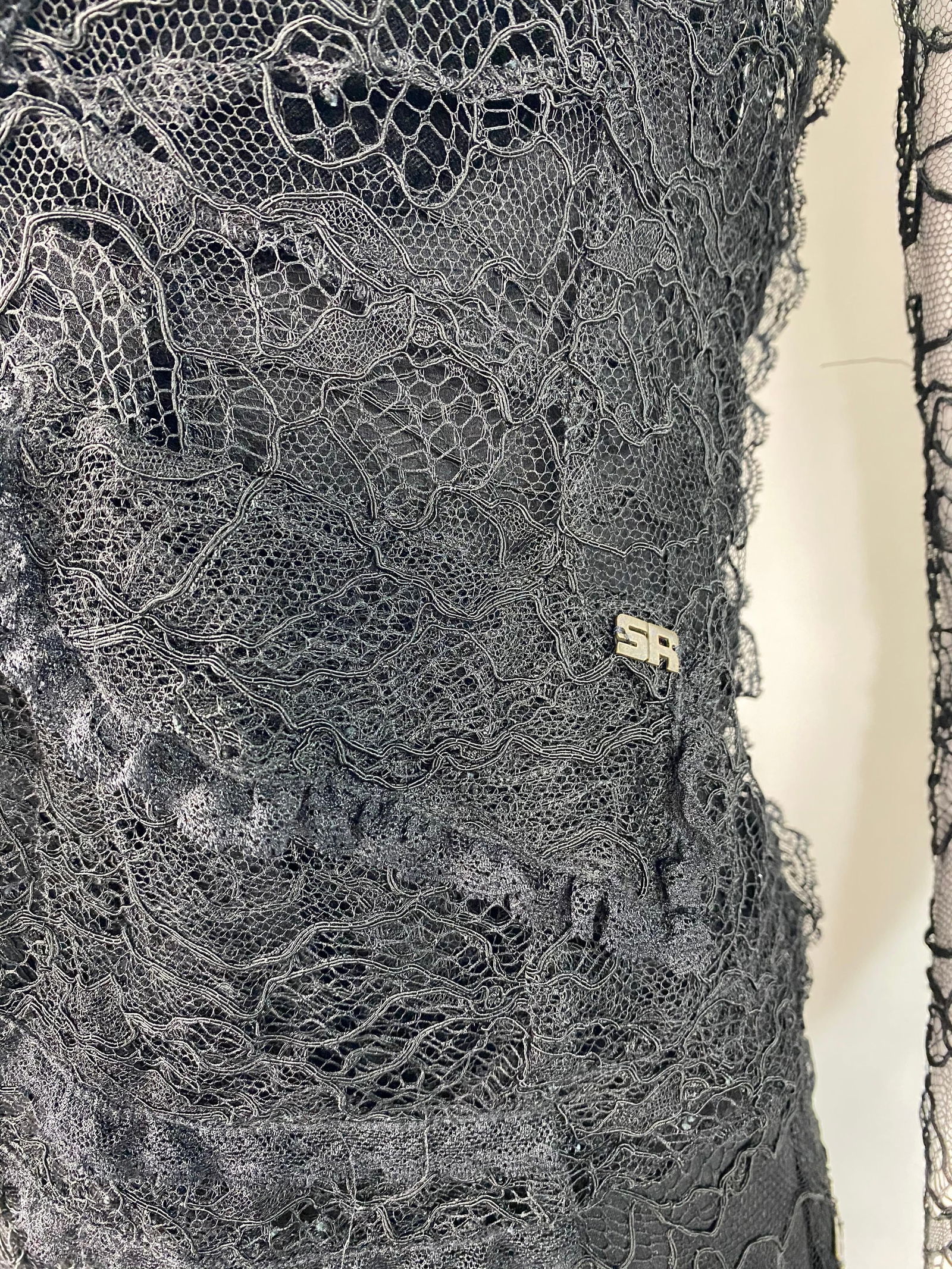 Vintage Sonia Rykiel Black Lace and Velvet Slip Dress with Jacket Set, Size 38 - 9