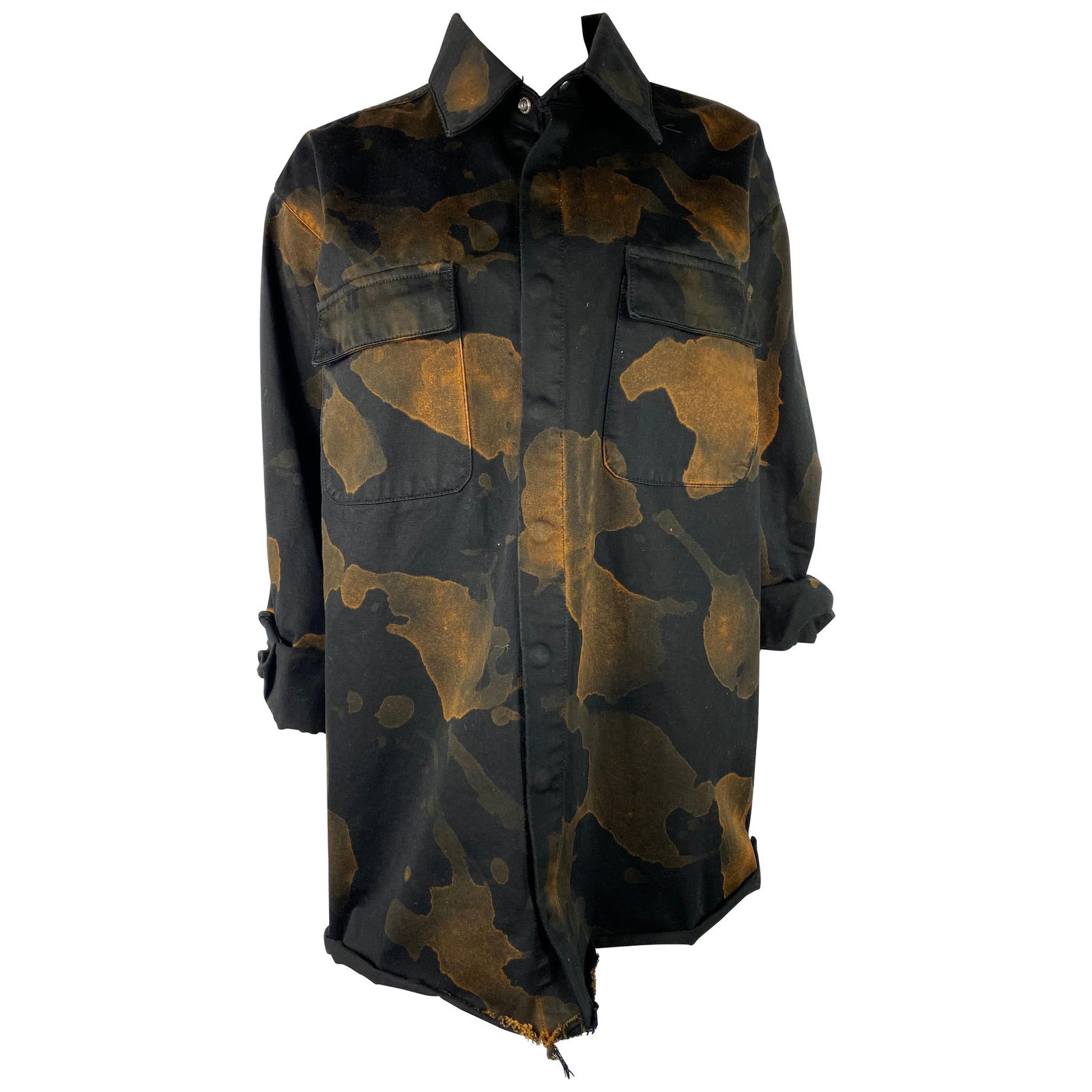 Marques Almeida Black and Brown Button Down Shirt Jacket, Size XS: Product details: Featuring 100% cotton black button down shirt with brown/ yellow abstract print, collar and dual front pocket detail. Oversized fit. Reserve: $552.00 
