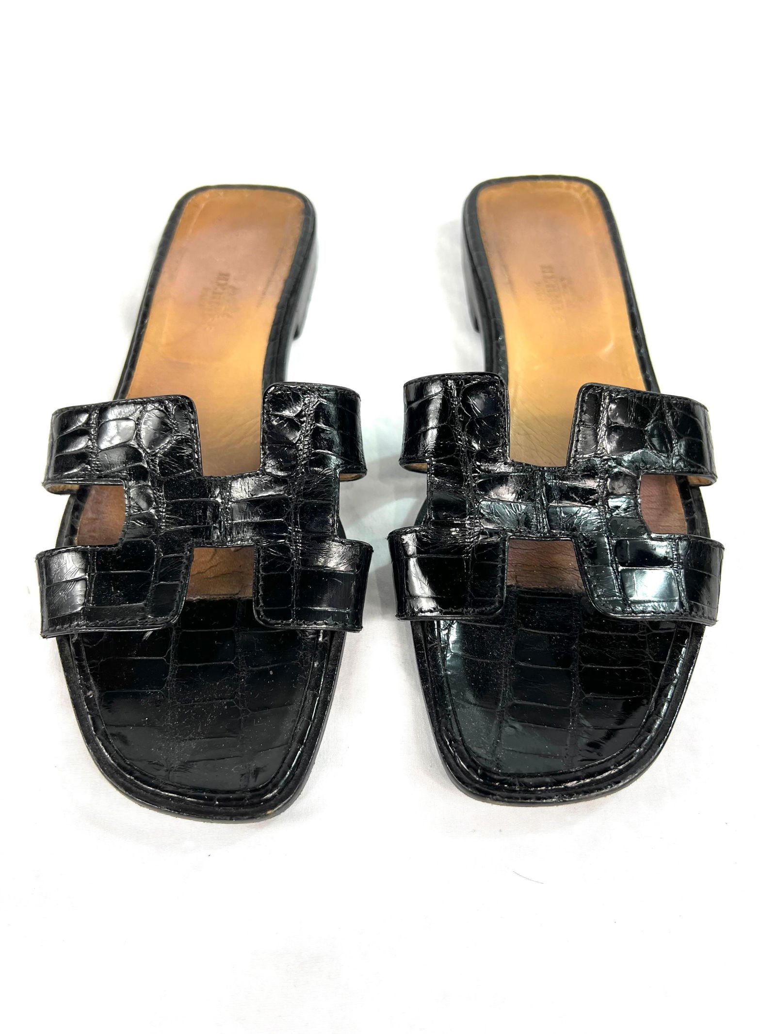 Hermès Paris Black Croc Leather Oran Flat Slide Sandals, Size 38.5 - 9