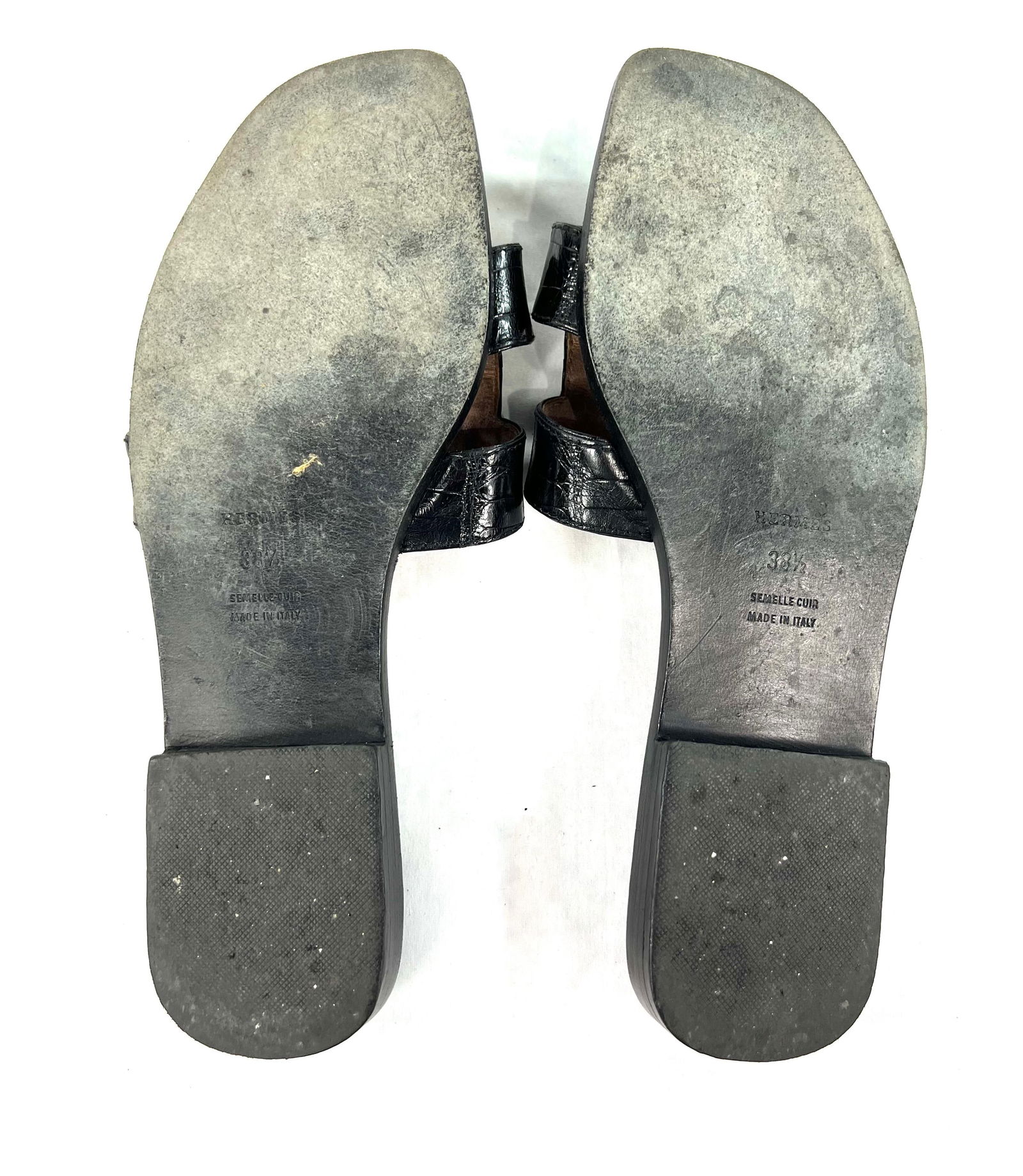 Hermès Paris Black Croc Leather Oran Flat Slide Sandals, Size 38.5 - 3