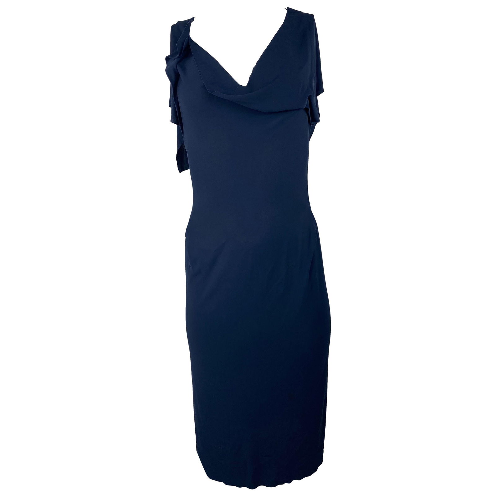 Roland Mouret Navy and Black Dress, Size 38: Product details: The dress is sleeveless with v neck line, open back and ruffled details. It featured rear zip closure and mid length. Made in France. Reserve: $760.00 