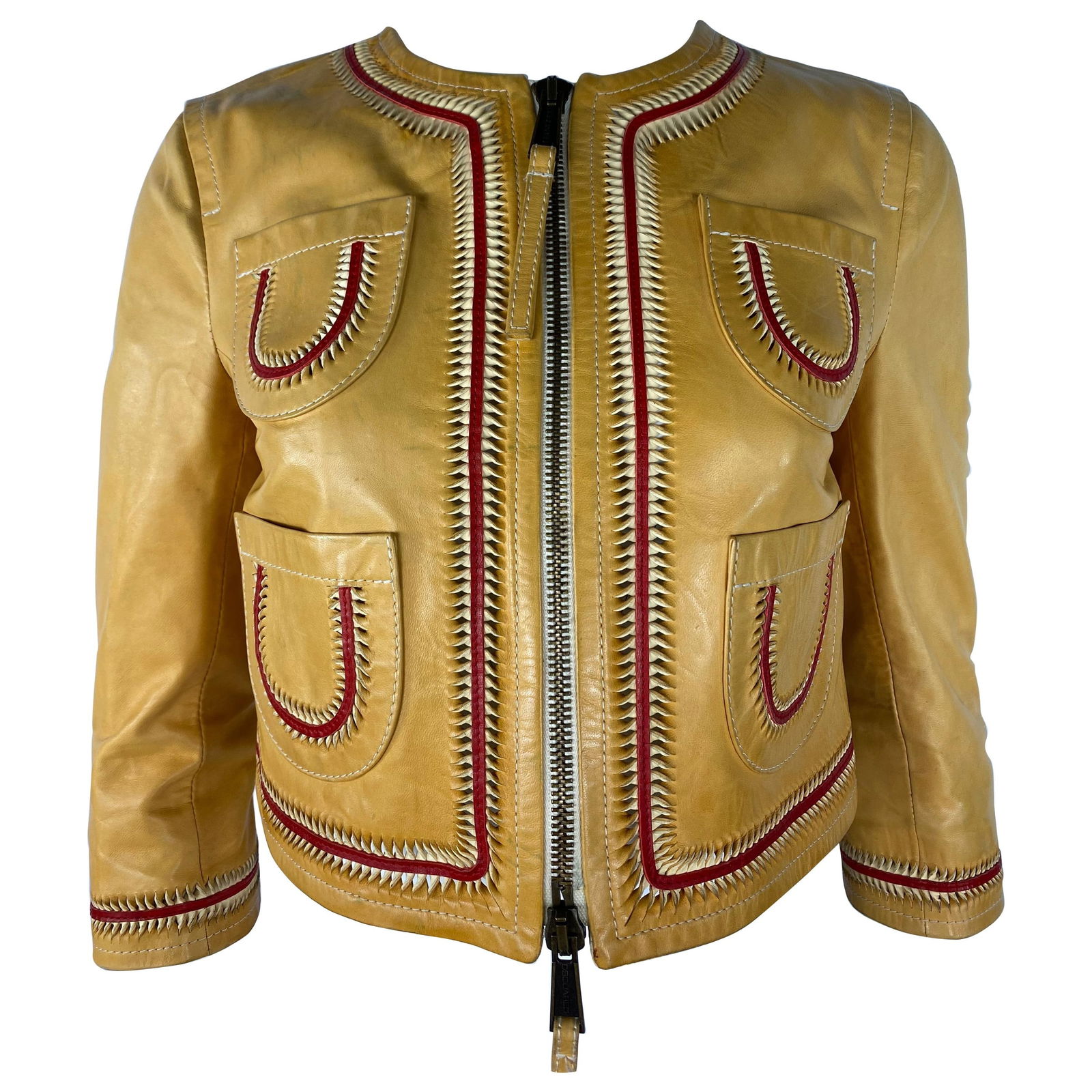 Vintage Dsquared2 Yellow and Red Leather Jacket, Size 42: Product details: Featuring yellow leather jacket with red detail, four front pockets, front zip closure, crew neckline, 3/4 sleeves with slit detail, cropped length. The sleeves measure 18.5 inches