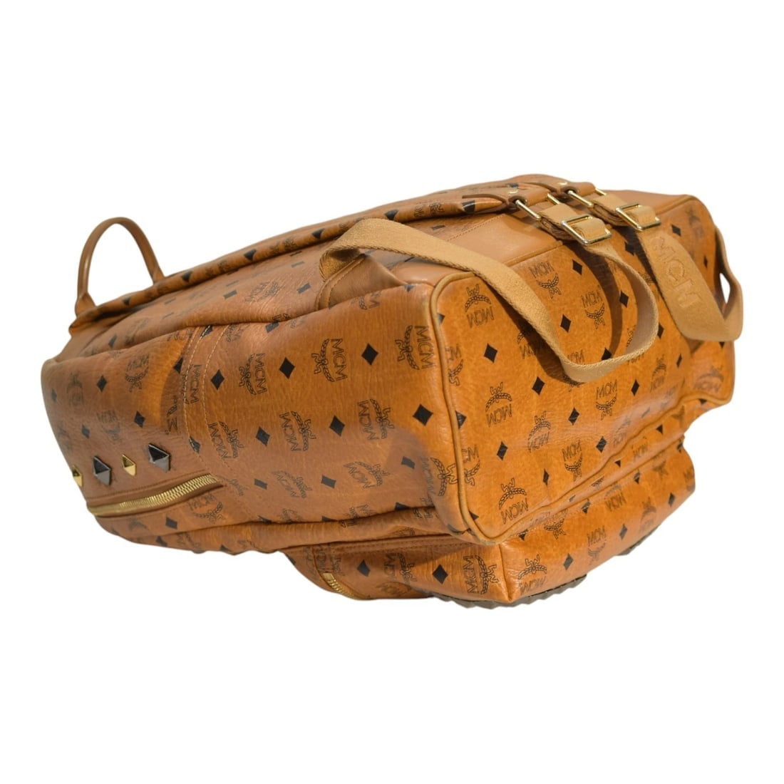 MCM Visetos Studded Backpack Cognac Brown Leather Logo Backpack Large Size - 10