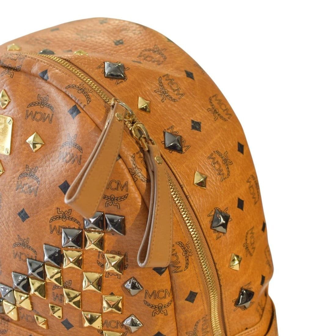 MCM Visetos Studded Backpack Cognac Brown Leather Logo Backpack Large Size - 12