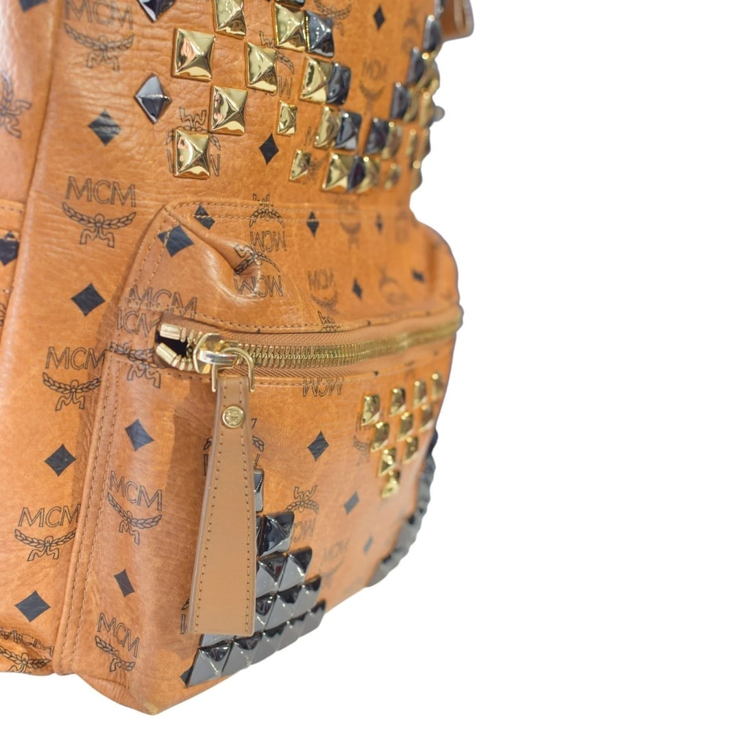 MCM Visetos Studded Backpack Cognac Brown Leather Logo Backpack Large Size - 13