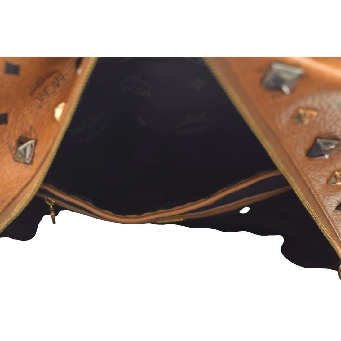 MCM Visetos Studded Backpack Cognac Brown Leather Logo Backpack Large Size - 16