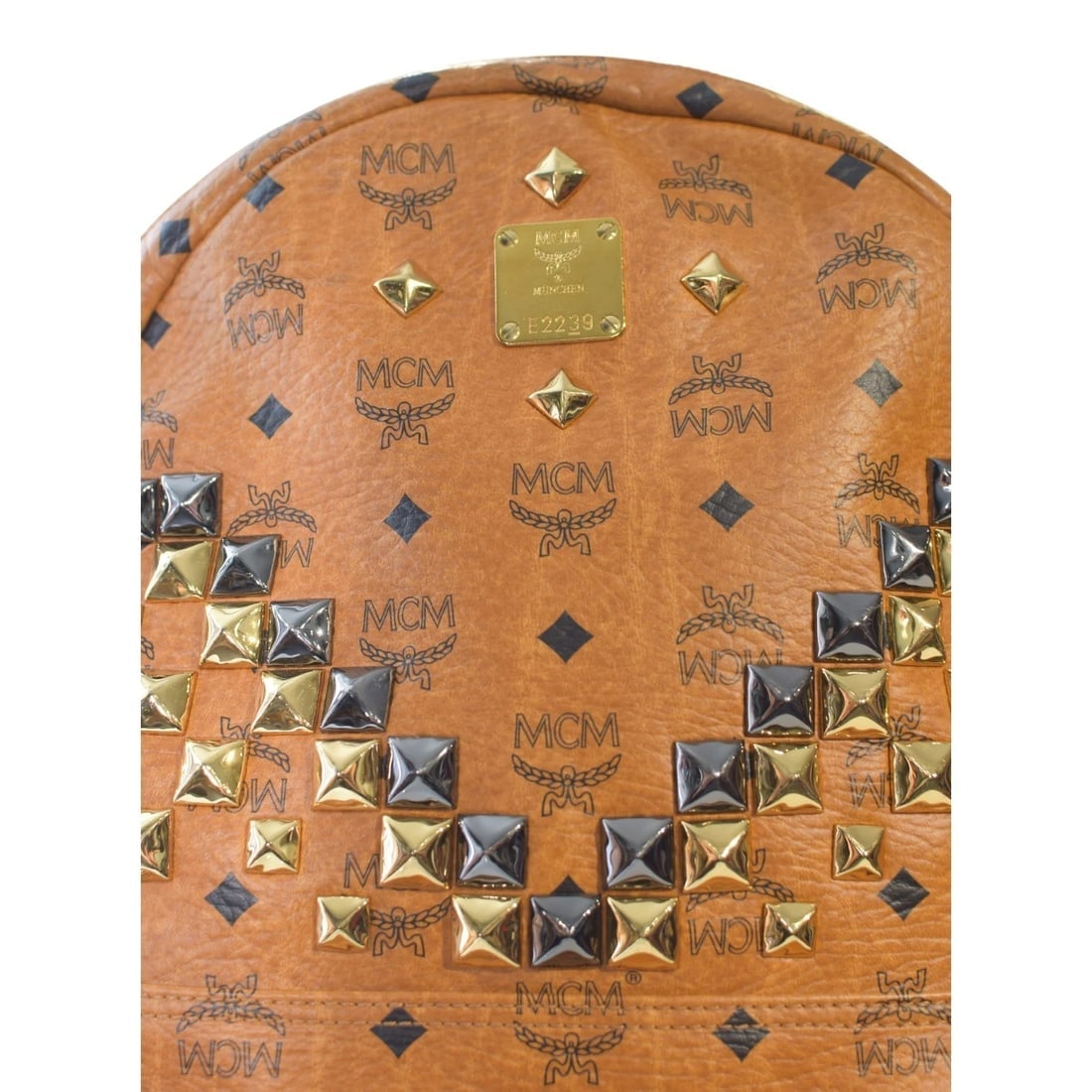 MCM Visetos Studded Backpack Cognac Brown Leather Logo Backpack Large Size - 19