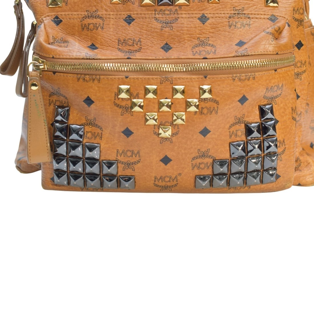 MCM Visetos Studded Backpack Cognac Brown Leather Logo Backpack Large Size - 20