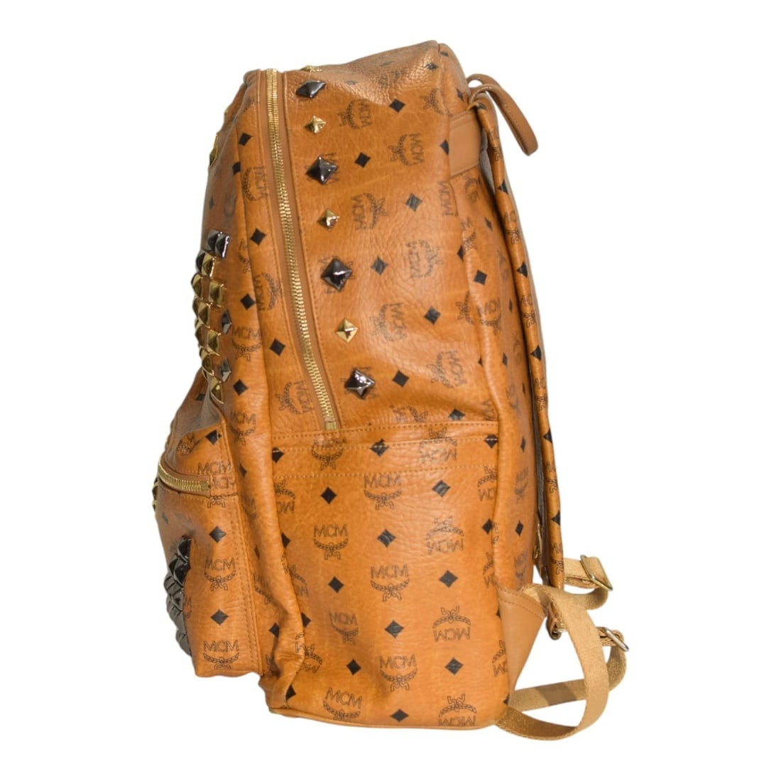MCM Visetos Studded Backpack Cognac Brown Leather Logo Backpack Large Size - 3