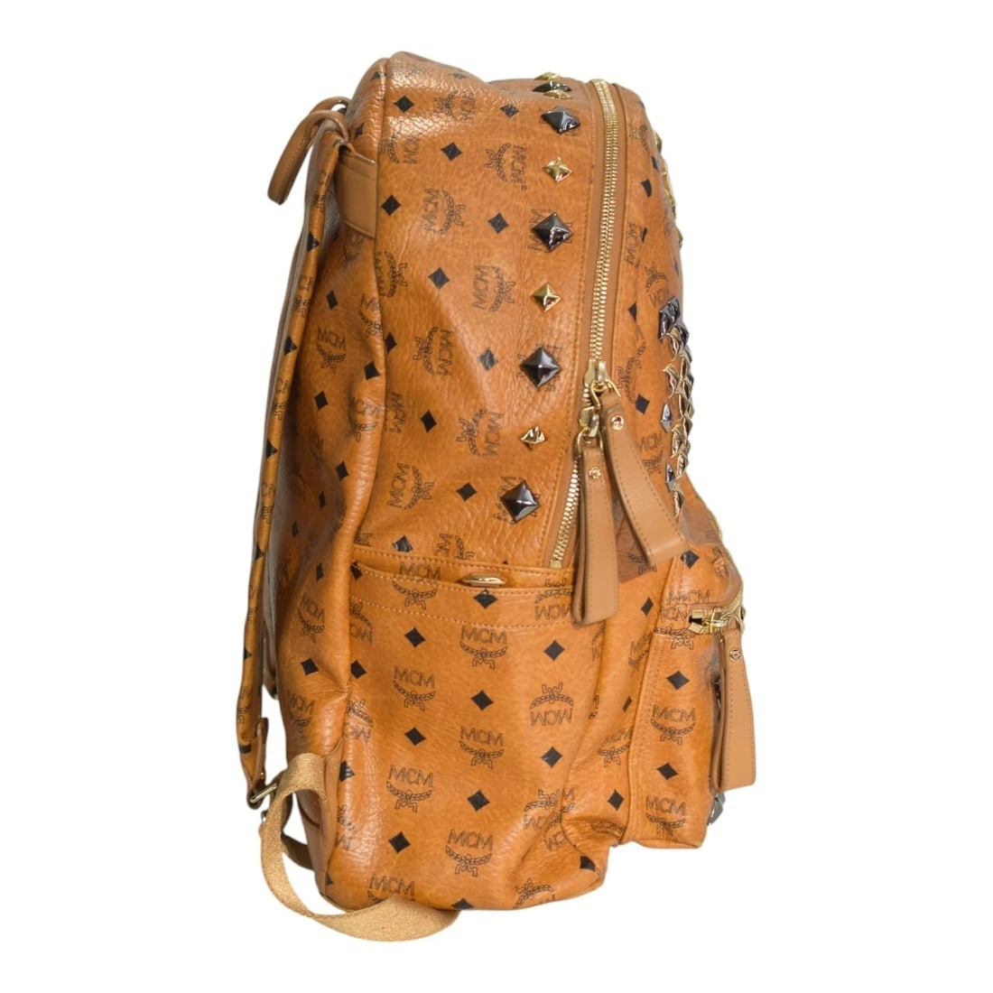 MCM Visetos Studded Backpack Cognac Brown Leather Logo Backpack Large Size - 4