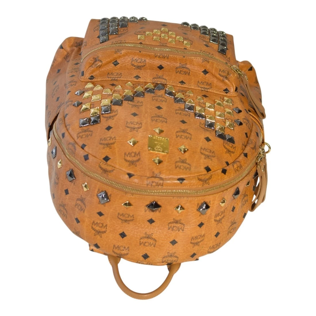 MCM Visetos Studded Backpack Cognac Brown Leather Logo Backpack Large Size - 5