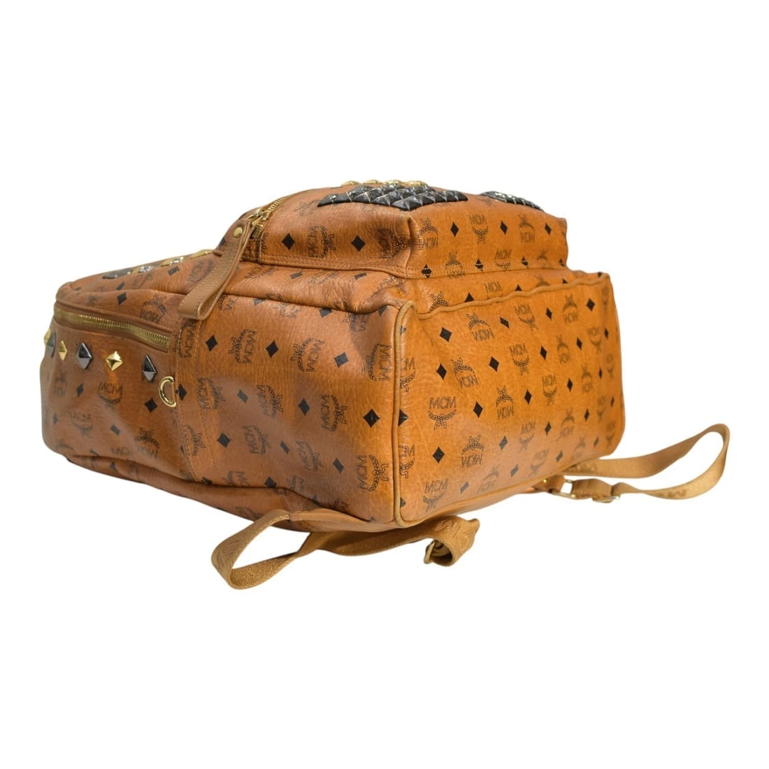 MCM Visetos Studded Backpack Cognac Brown Leather Logo Backpack Large Size - 7