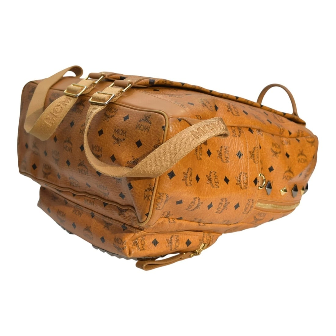 MCM Visetos Studded Backpack Cognac Brown Leather Logo Backpack Large Size - 9