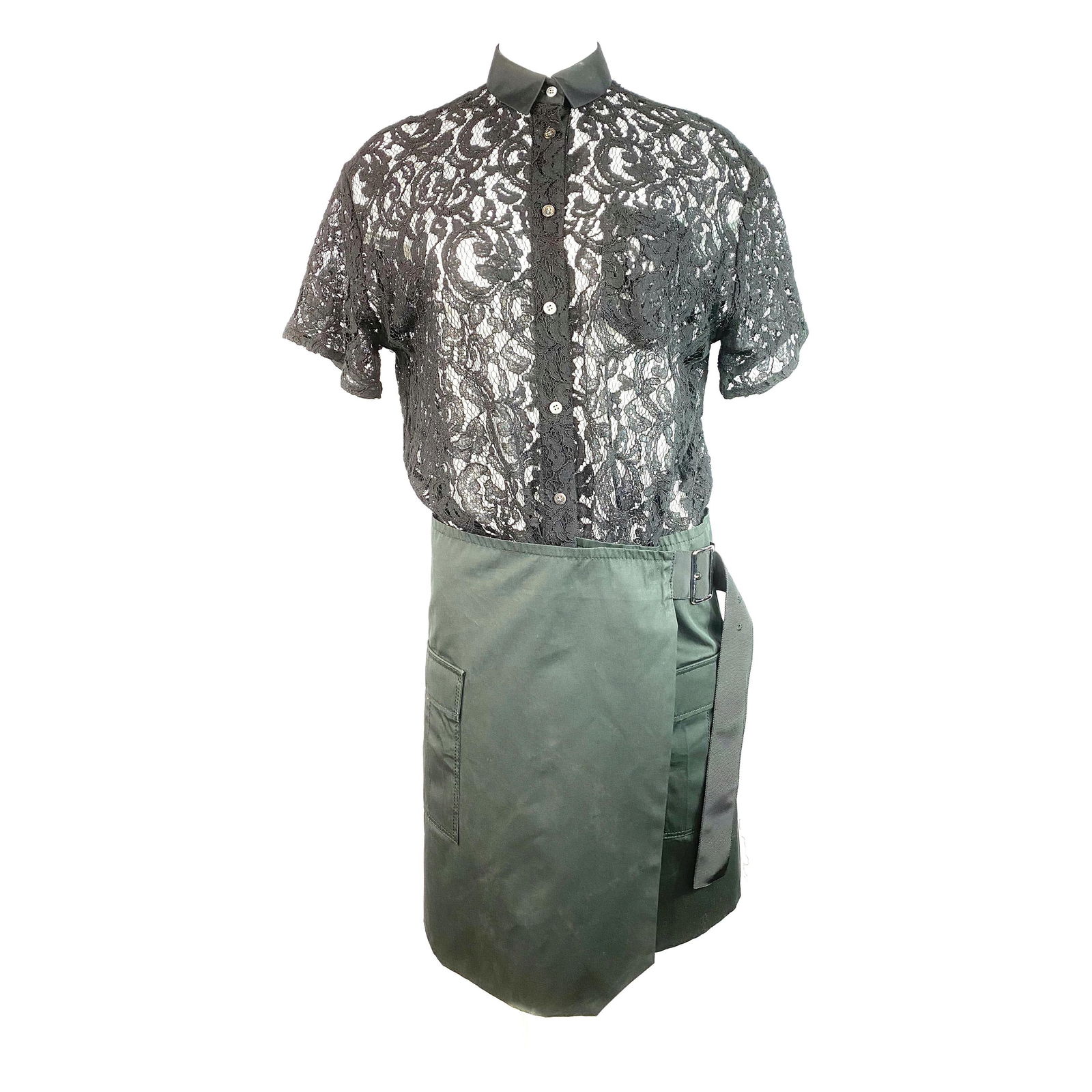 Sacai Luck Black Floral Lace Button- Down Shirt Wrap Mini Dress Size 3: Sacai Luck Black Floral Lace ButtonDown Shirt Wrap Mini Dress Size 3 Product details: Size 3 Buttondown top with collar and side pocket detail Short sleeves Featuring adjustable belt detail Waist