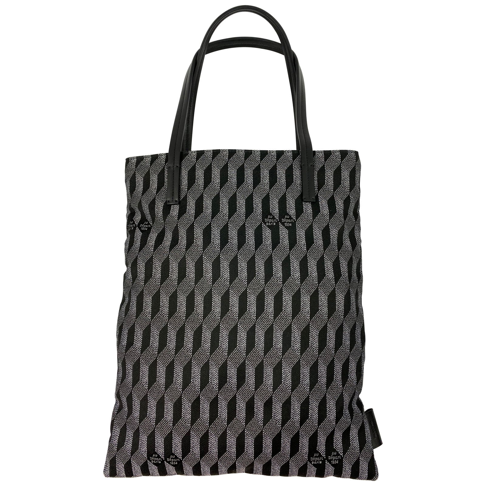 Au Depart L'europe Black Monogram Reflective Tote Handbag: Product details: The bag features black and white geometric pattern all over, two black leather handles, interior pocket with zipper closure. Handle drop is 9". Reserve: $680.00 