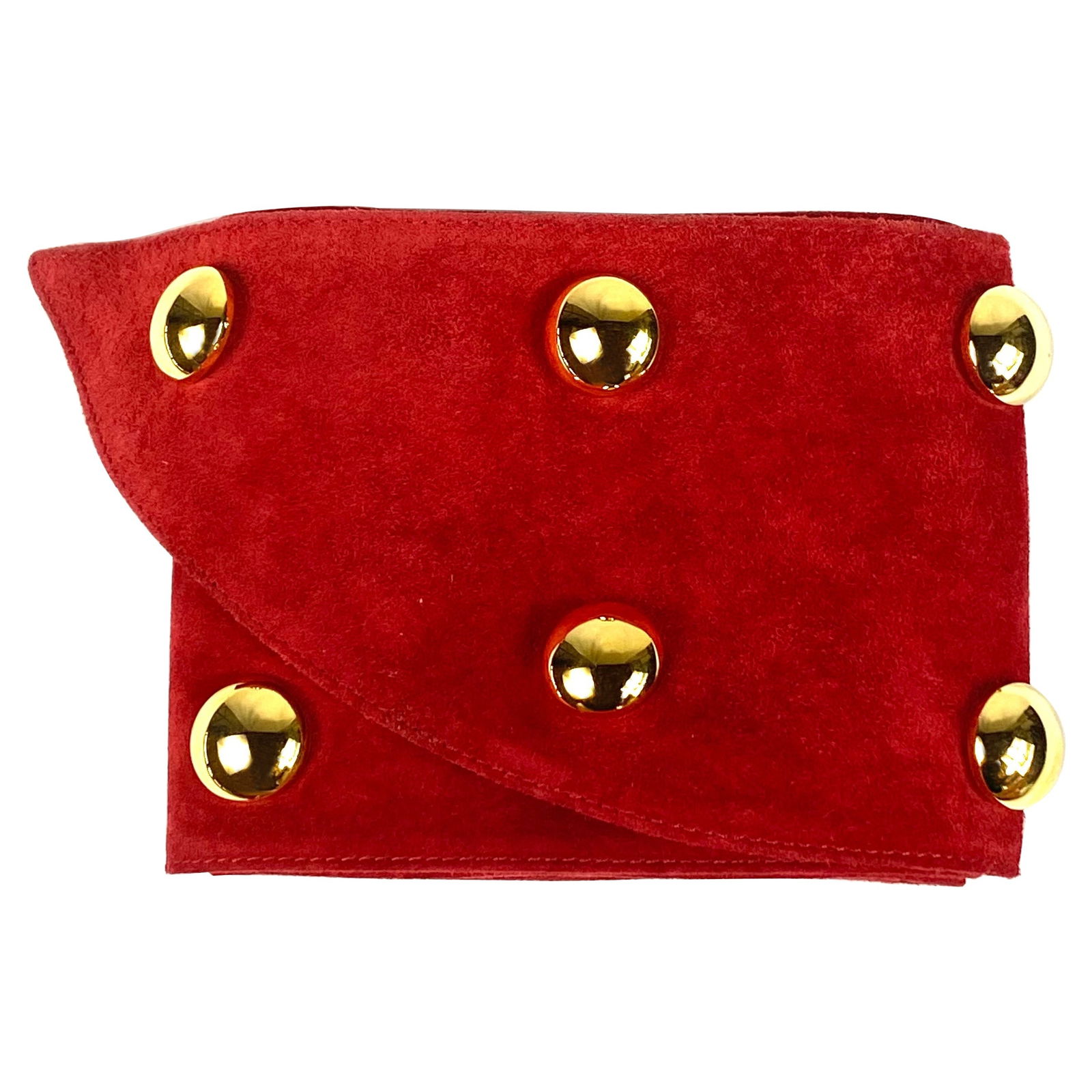 Yves Saint Laurent Rive Gauche Red and Gold Suede Wide Belt: Product details: The belt features red suede finish, detailed with gold tone flat bead, measuring 1 inch wide. Made in France. Reserve: $960.00 Shipping: Domestic: Flat-rate of $85.99 to any