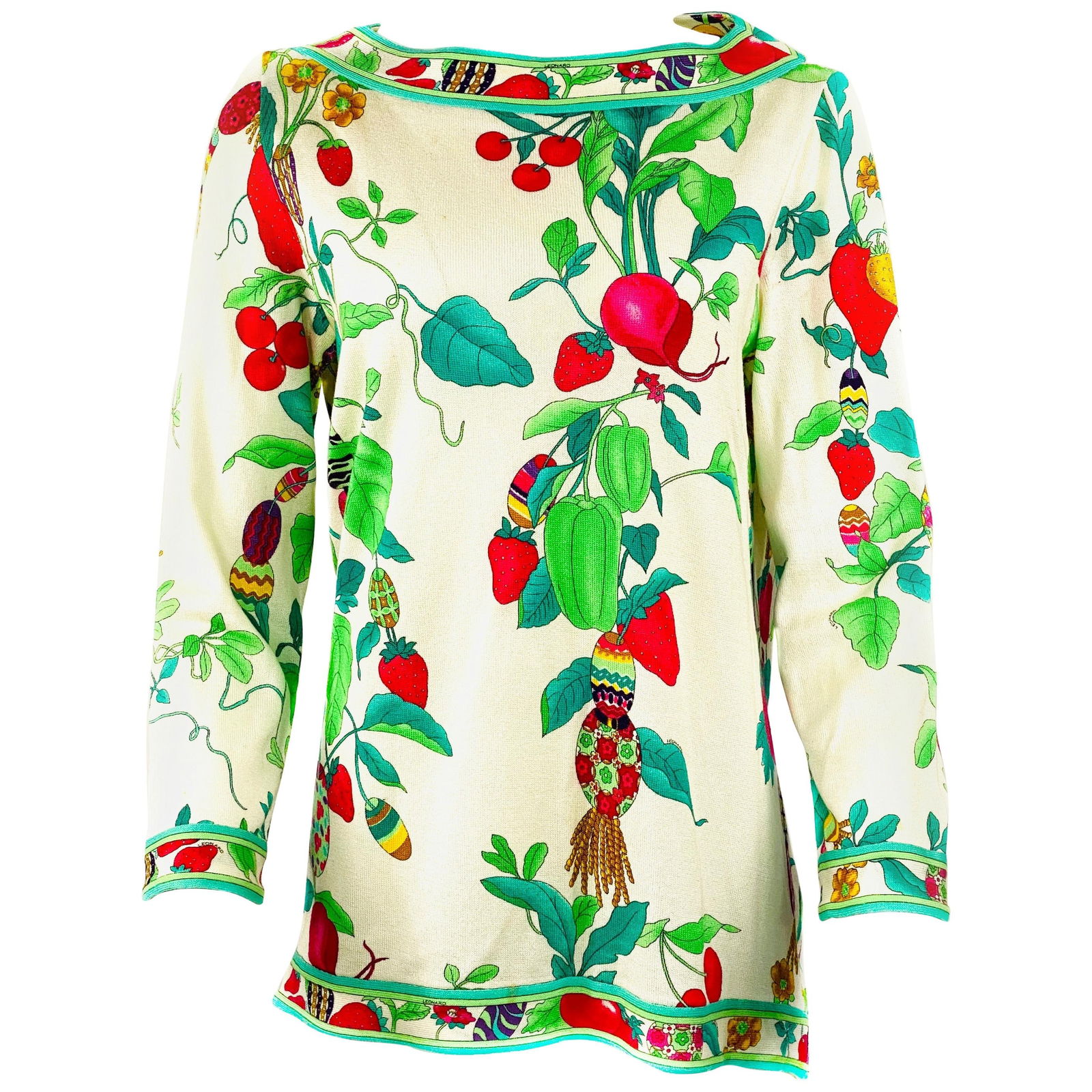 Vintage Leonard White and Multicolor Long Sleeve Top Size 42: Vintage Leonard Paris White and Multicolor Long Sleeve Top Size 42 Product details: Size 42 100% Cotton Featuring flowers, fruits and vegetables pattern w/ LEONARD print Reserve: $600.00 Shipping: Dom