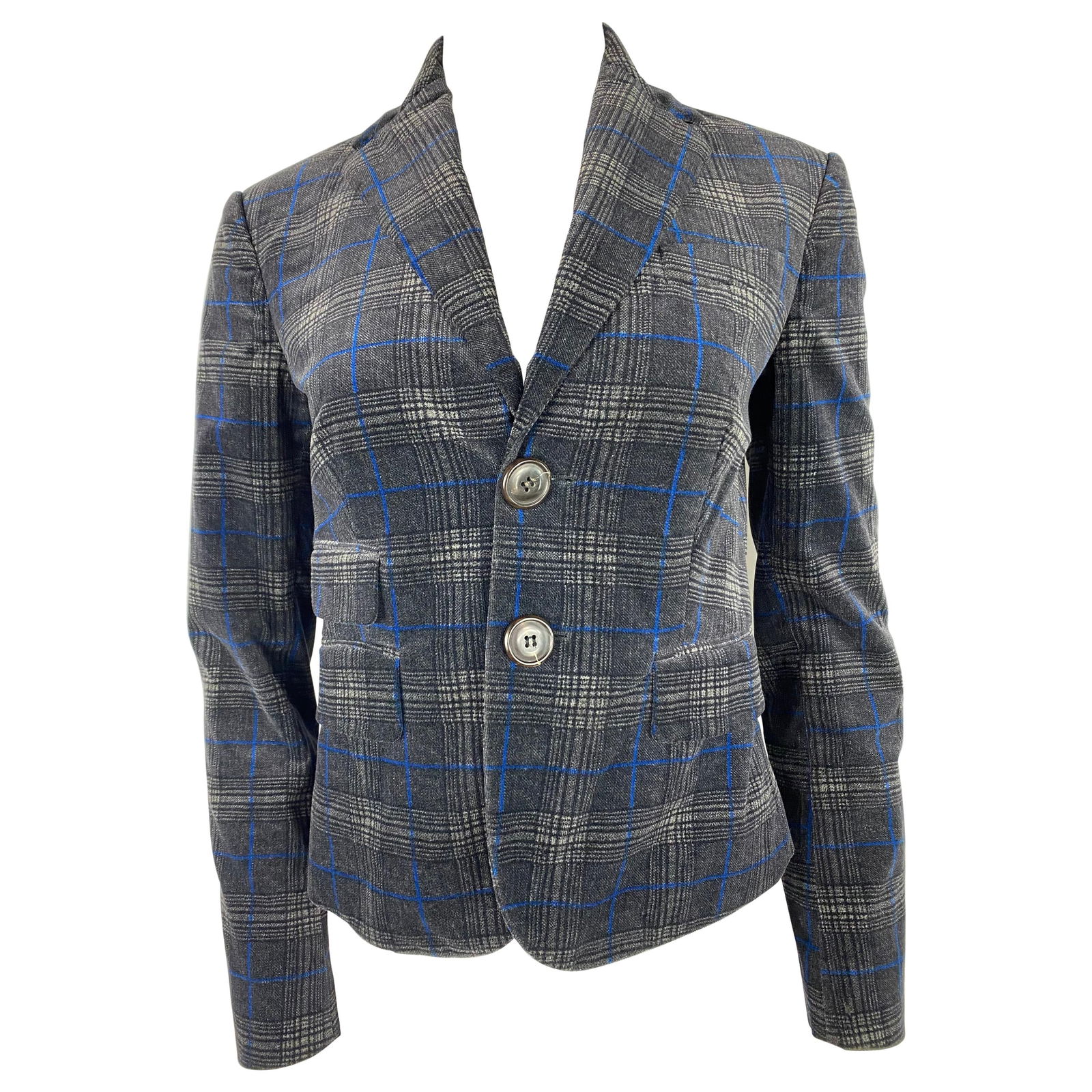 Dsquared2 Grey and Blue Velvet Check Plaid Blazer Jacket, Size 42: Product details: Featuring grey and blue check and plaid pattern in velvet finish with collar, front button closure and front pockets design detail. Made in Italy. Reserve: $552.00 