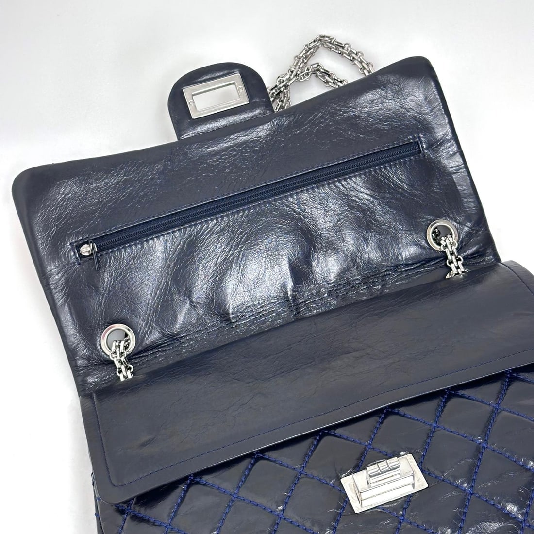 CHANEL Reissue 2.55 Bag, Size 30, Navy Blue Leather with Silver Hardware - 10