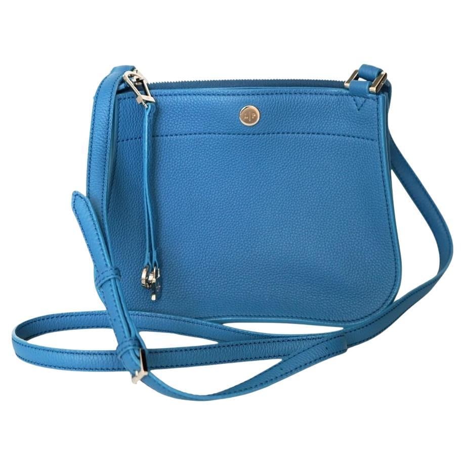 Loro Piana Mini Blue Milky Way Crossbody Bag: Cerulean leather Loro Piana Milky Way bag with silver-tone hardware, adjustable flat shoulder strap, three interior compartments; two with snap closures, tonal leather lining, single slip pocket at