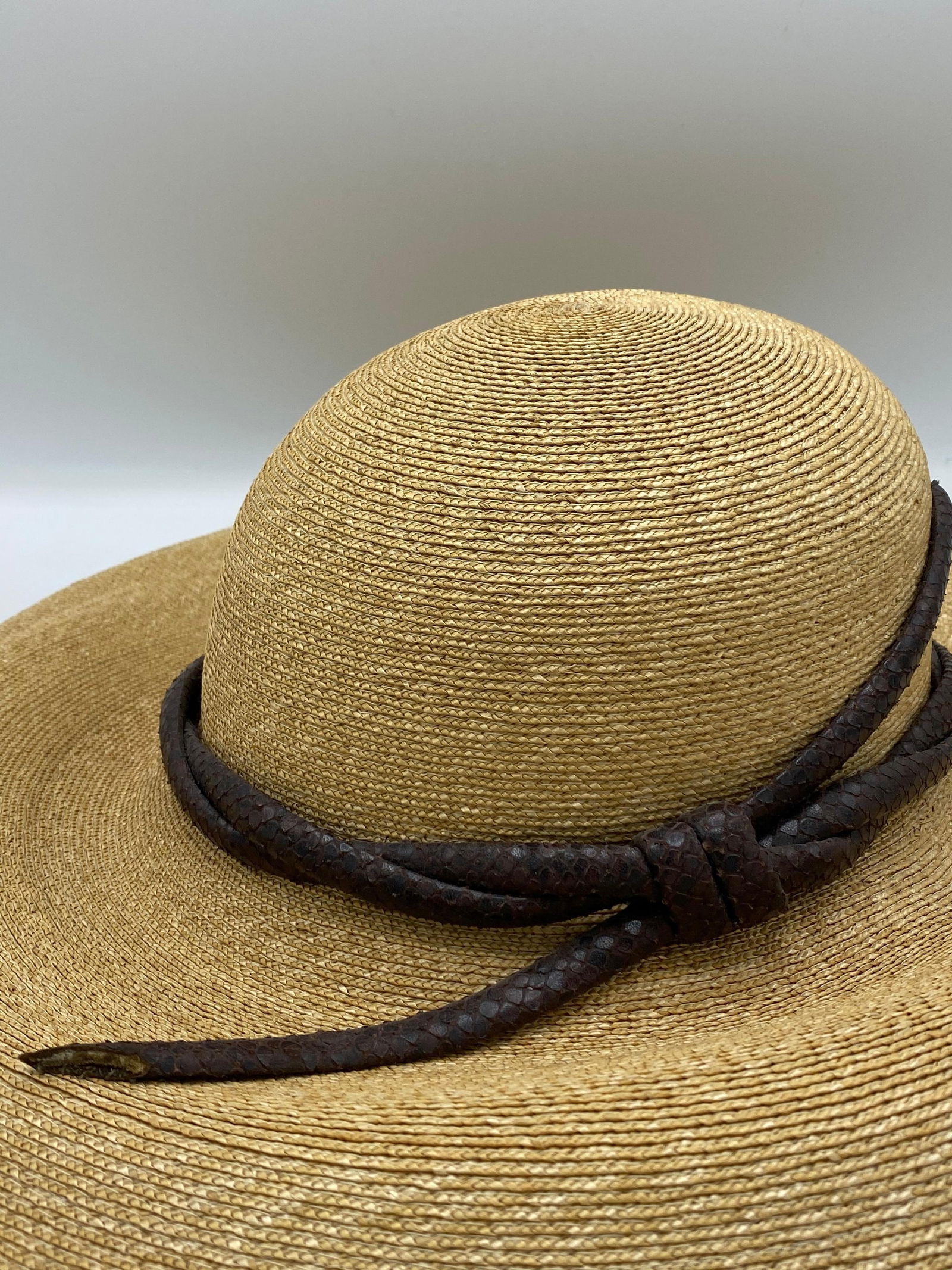 Philip Treacy London Beige Straw and Brown Animal Skin Leather Hat - 12