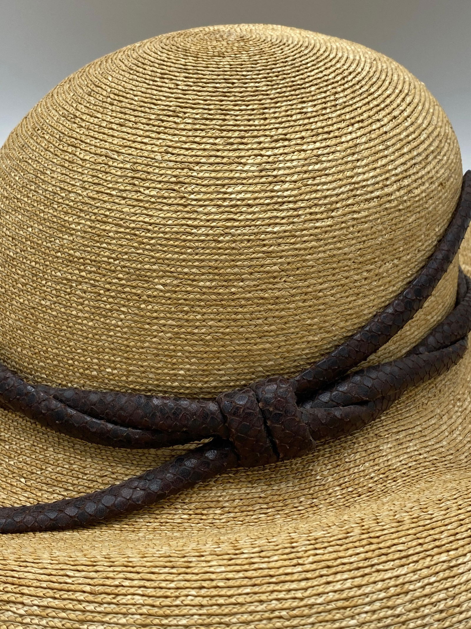 Philip Treacy London Beige Straw and Brown Animal Skin Leather Hat - 2