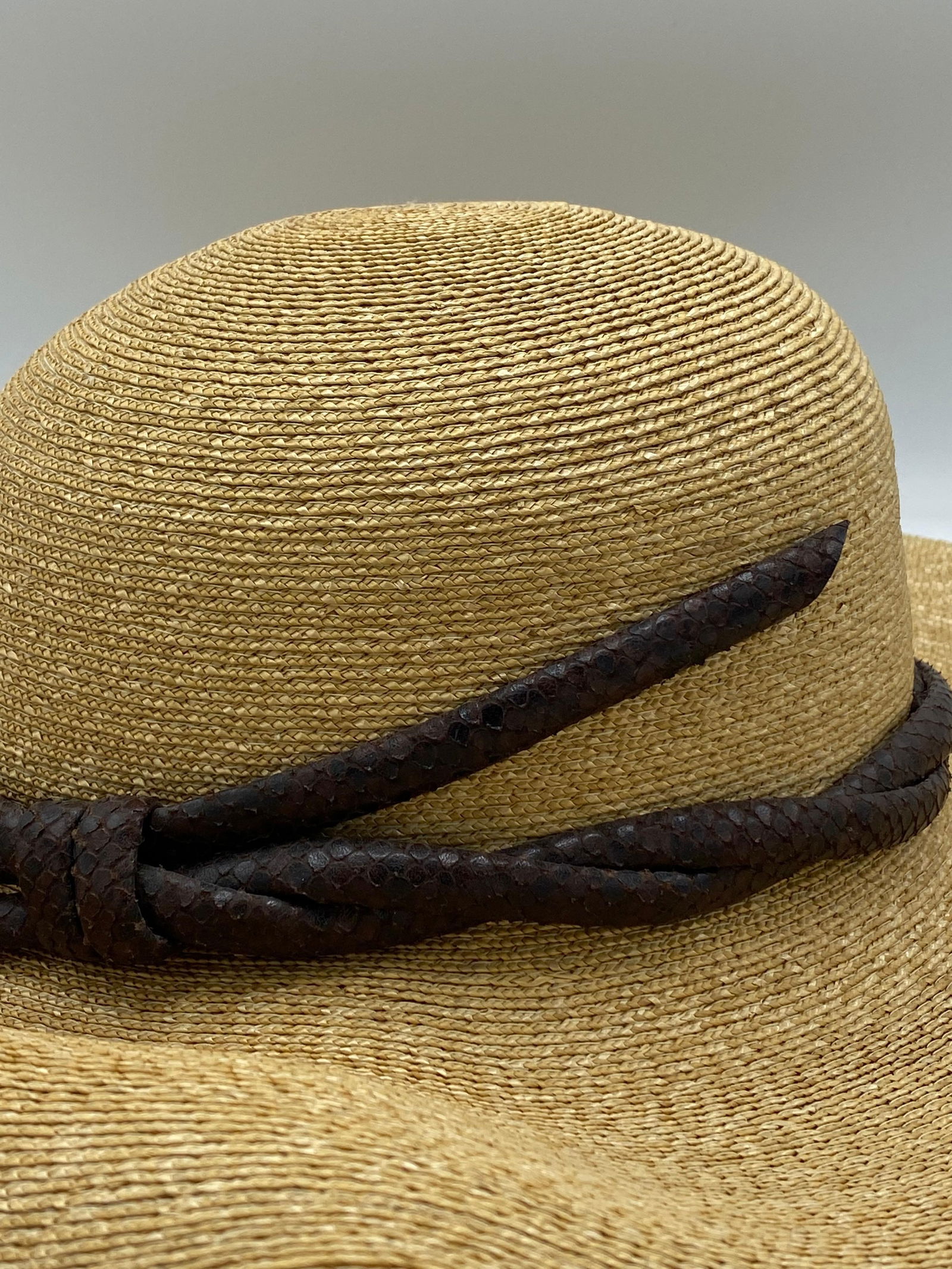 Philip Treacy London Beige Straw and Brown Animal Skin Leather Hat - 4