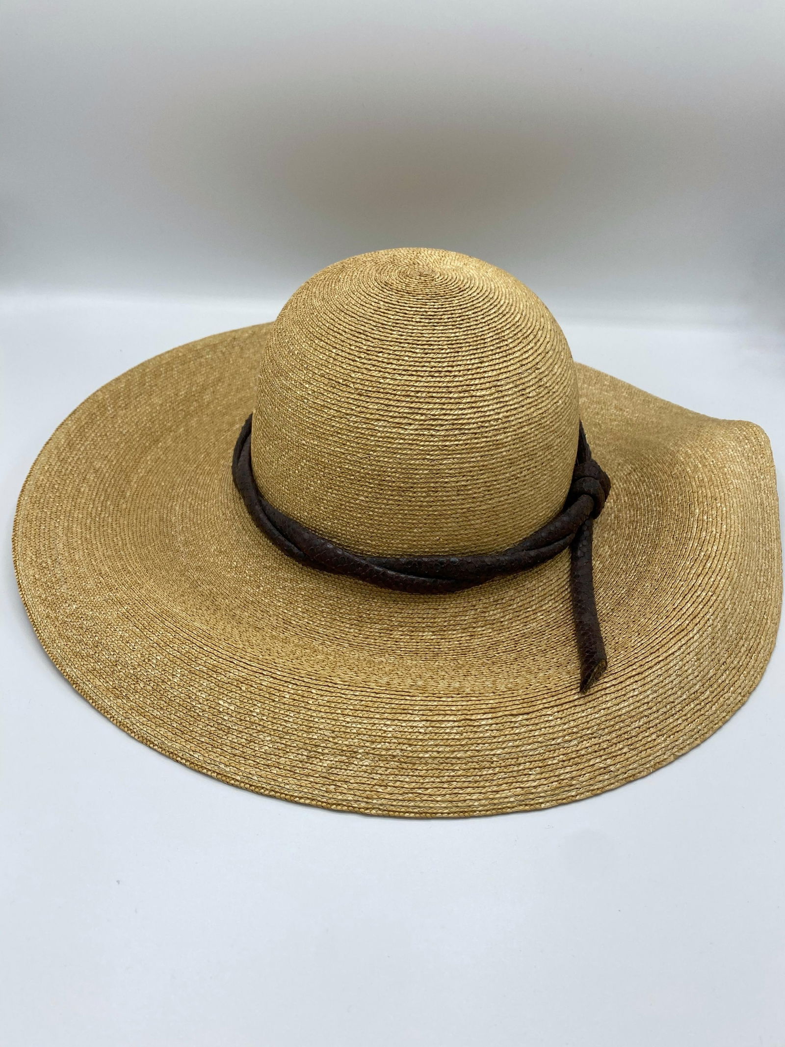 Philip Treacy London Beige Straw and Brown Animal Skin Leather Hat - 8