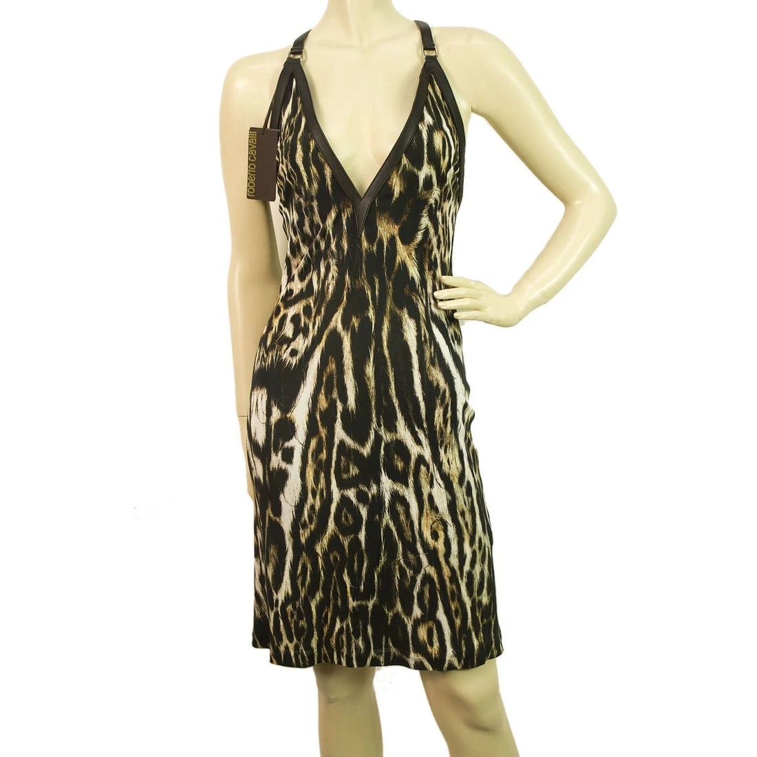 New Nwt Roberto Cavalli Animal Print Leather Straps Sexy Back Mini Dress sz 40 - 2