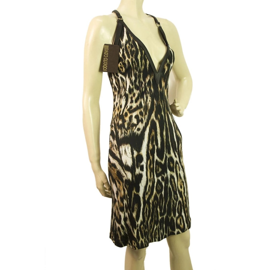 New Nwt Roberto Cavalli Animal Print Leather Straps Sexy Back Mini Dress sz 40 - 4