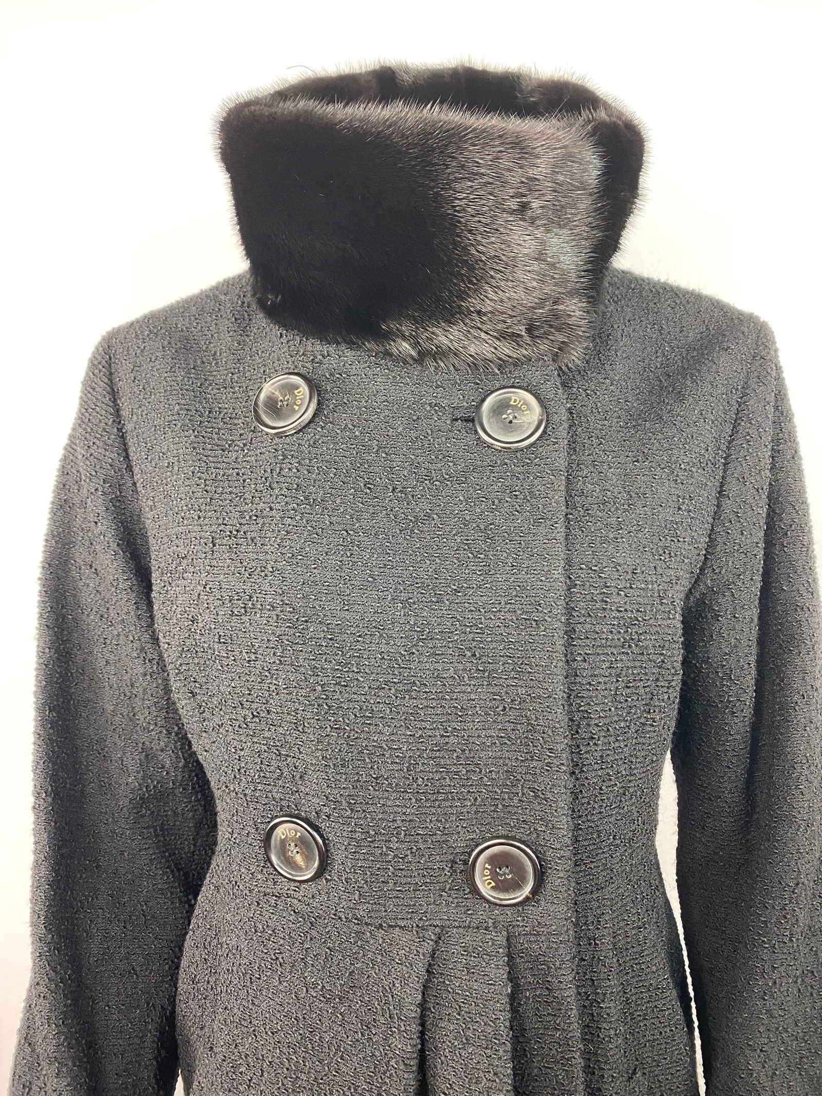 Christian Dior Black Wool Tweed and Fur Coat Jacket Size 40 - 8
