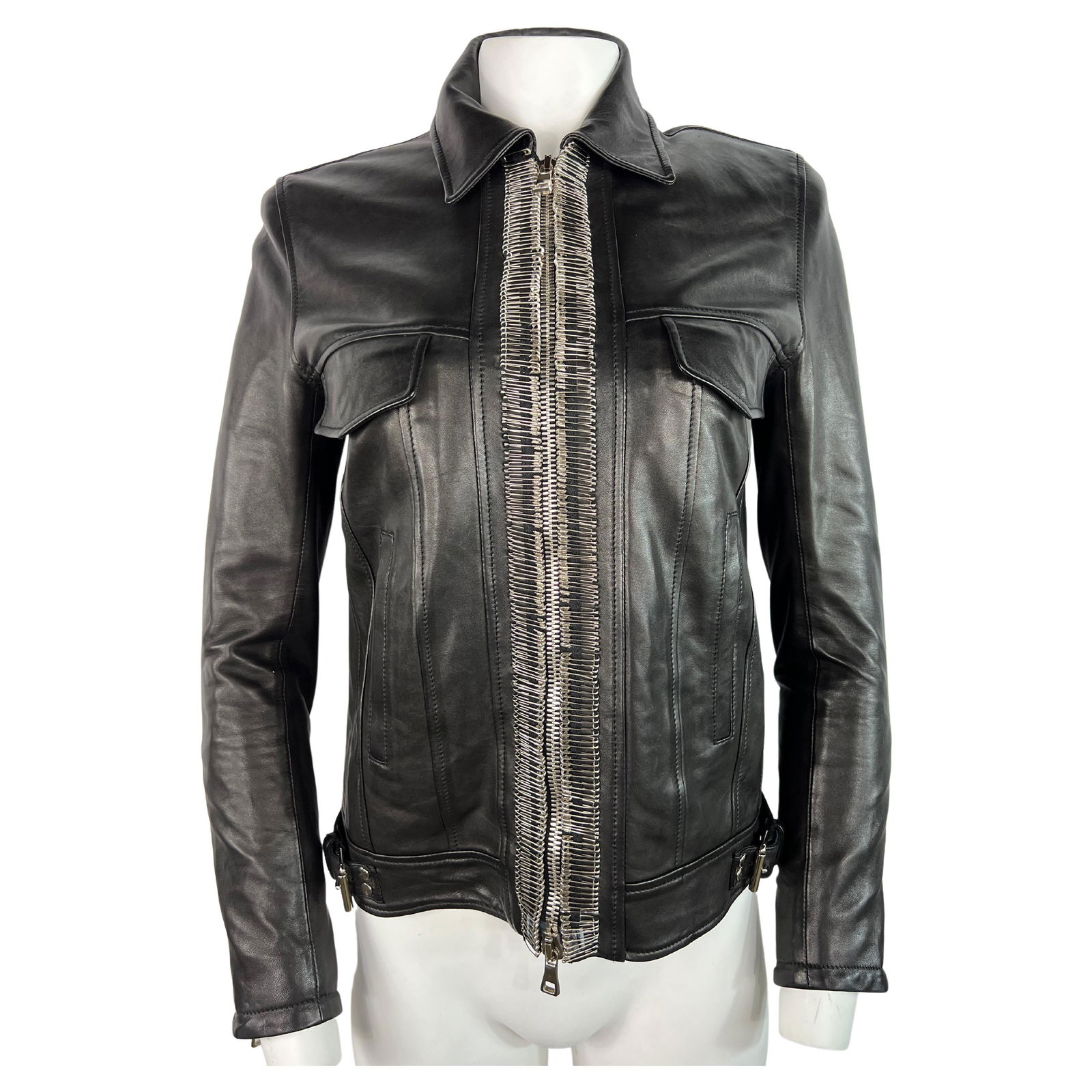 Balmain Black Leather Jacket, Size 38 - 17