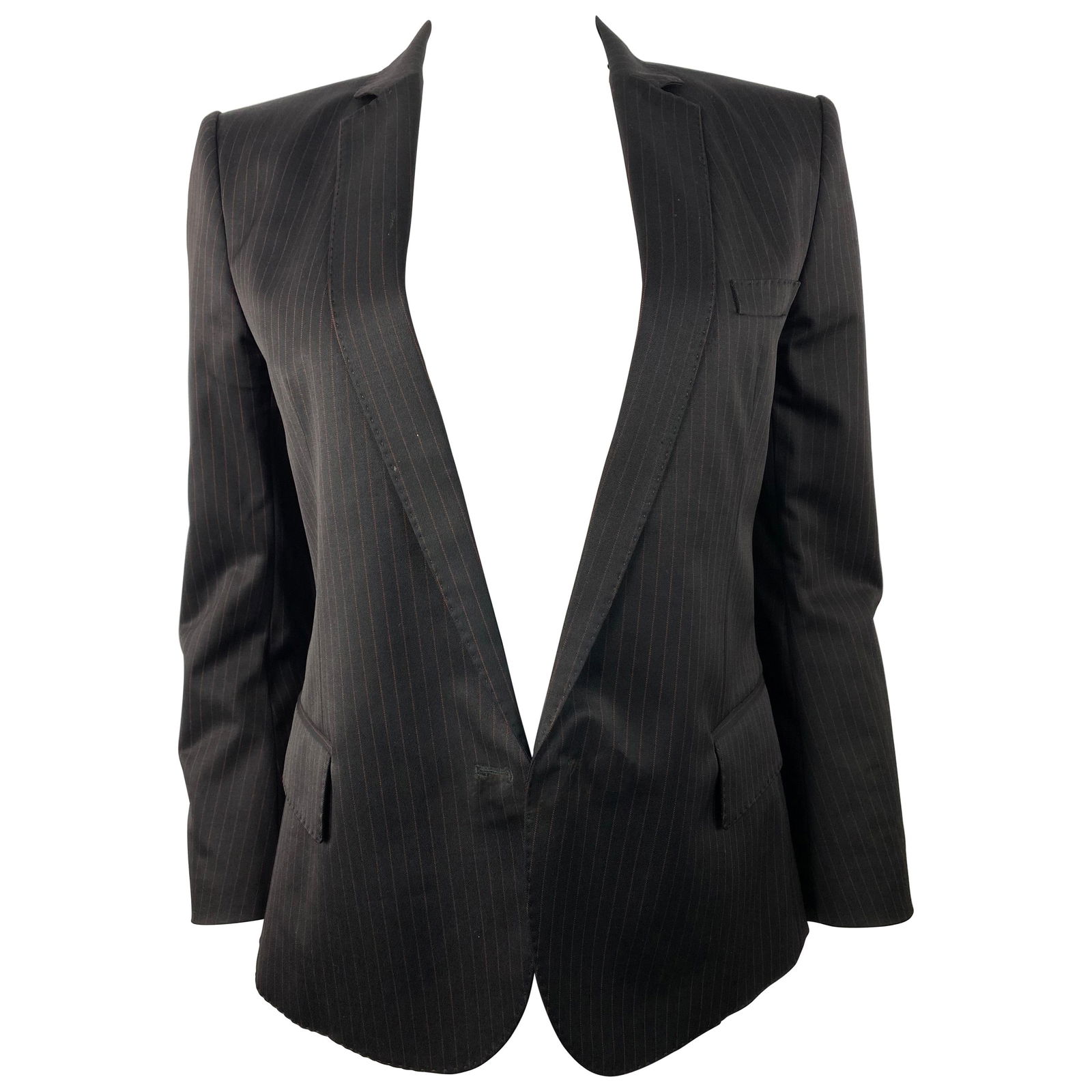 Balmain Paris Black Tuxedo Blazer Jacket Size 40: Product details: Featuring back wool formal fit jacket with red thin vertical stripes and silver plated front safety pin closure. Reserve: $1,200.00 Shipping: Domestic: Flat-rate of $85.99 t