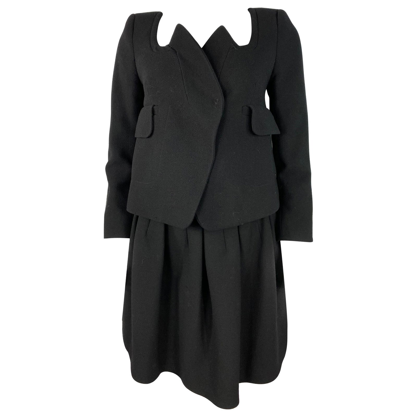 Carven Black Wool Blazer Jacket and Flare Mini Skirt Set, Size 38: Product details: Featuring wool blend, blazer jacket with collar, front dual pockets, 3/4 sleeves and front click in button closure. The skirt feature flare style with rear silver tone hardware zip