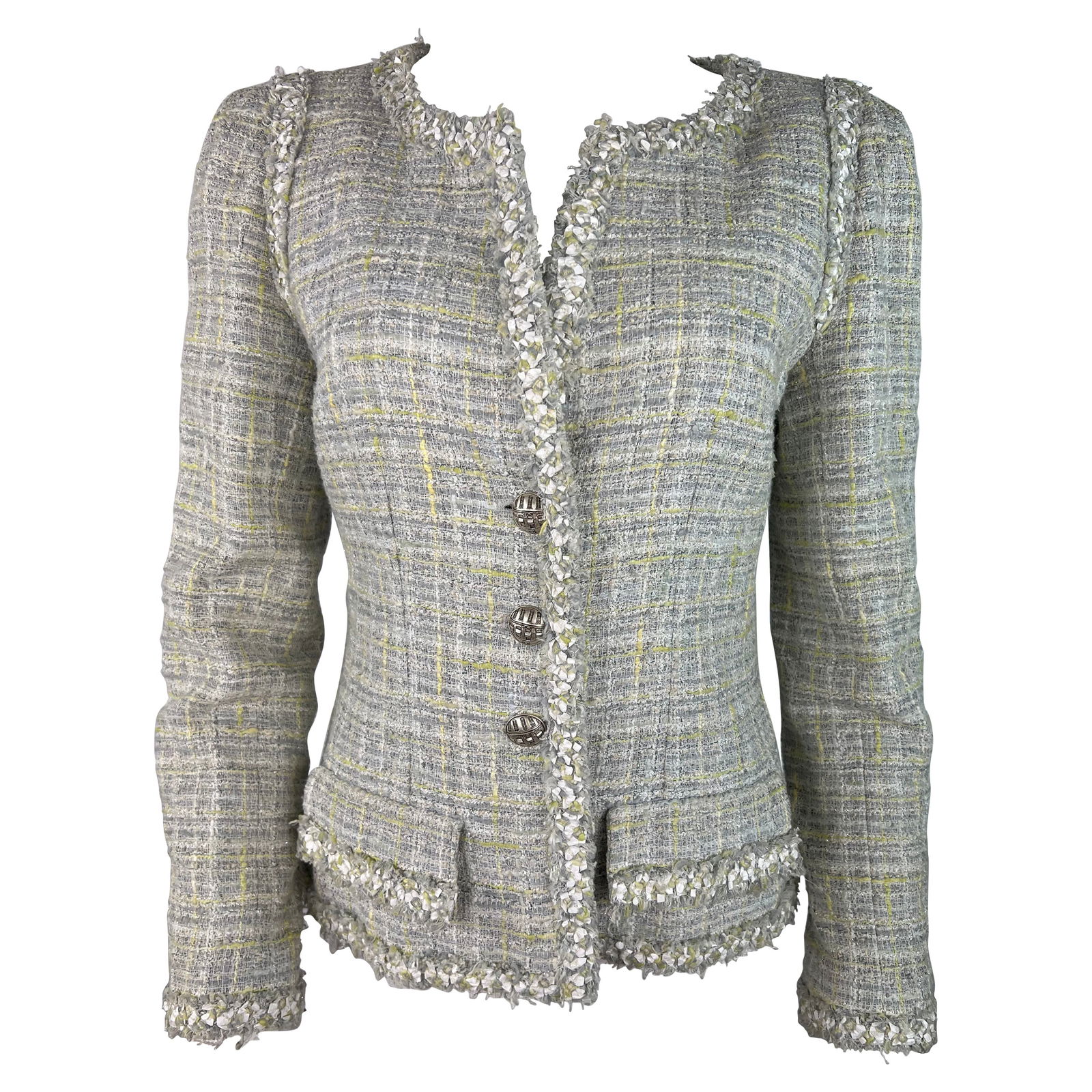 Vintage Chanel Tweed Blazer Jacket, Size 42: Product details: The jacket features grey, yellow and silver colors with front three silver tone button closure, front dual pockets, crew neckline and two silver tone buttons on each sleeves. 