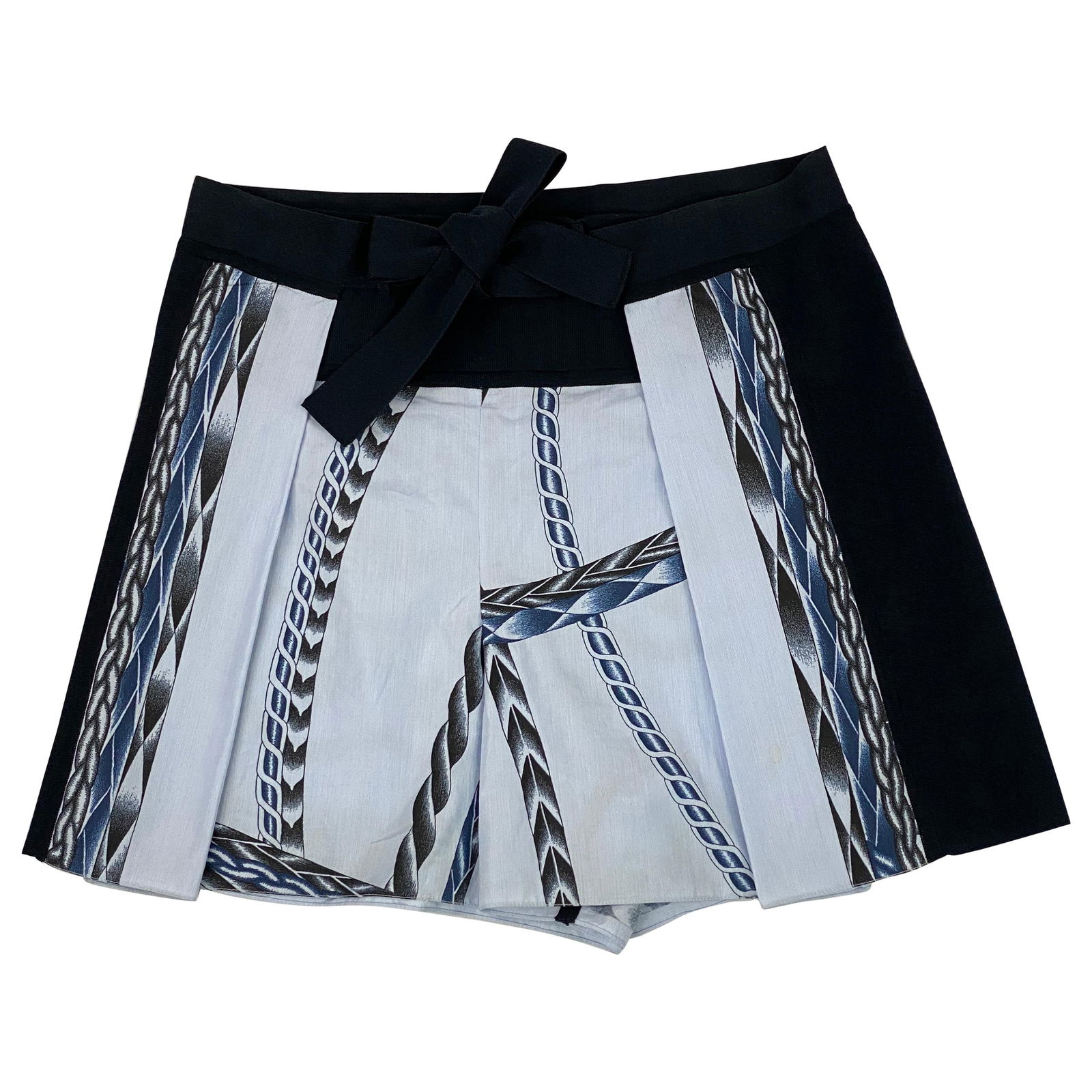 Vintage Hermes Paris Blue Cotton Mini Shorts, Size 38: Product details: Size 38. Featuring light blue cotton with striped pattern and rope print, navy knit detail with bow tie closure on the front. Mini length. Made in Italy. Reserve: $600.00 Shipping: Do