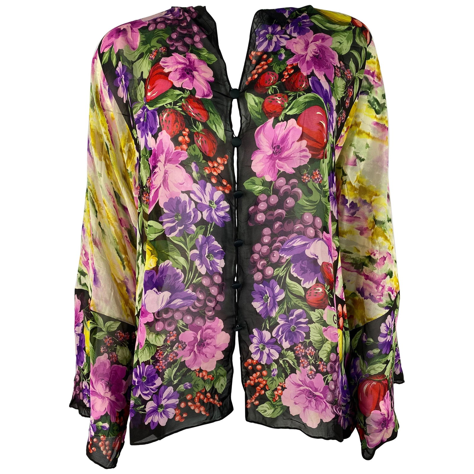Vintage GUCCI Silk Multicolor & Black Floral Blouse Top: Product details: The blouse features 100% silk with multicolor floral pattern, front button closure, v neck line, flare sleeves design. The fabric is light weigh and it is see through. The tags are mi