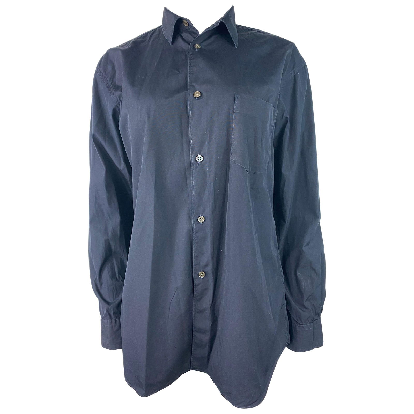 Comme des Garcons Navy Cotton Button Down Shirt Blouse, Size Large: Product details: The shirt feature front button down closure with side pocket detail. Made in France. Reserve: $520.00 Shipping: Domestic: Flat-rate of $85.99 to anywhere within the contiguo