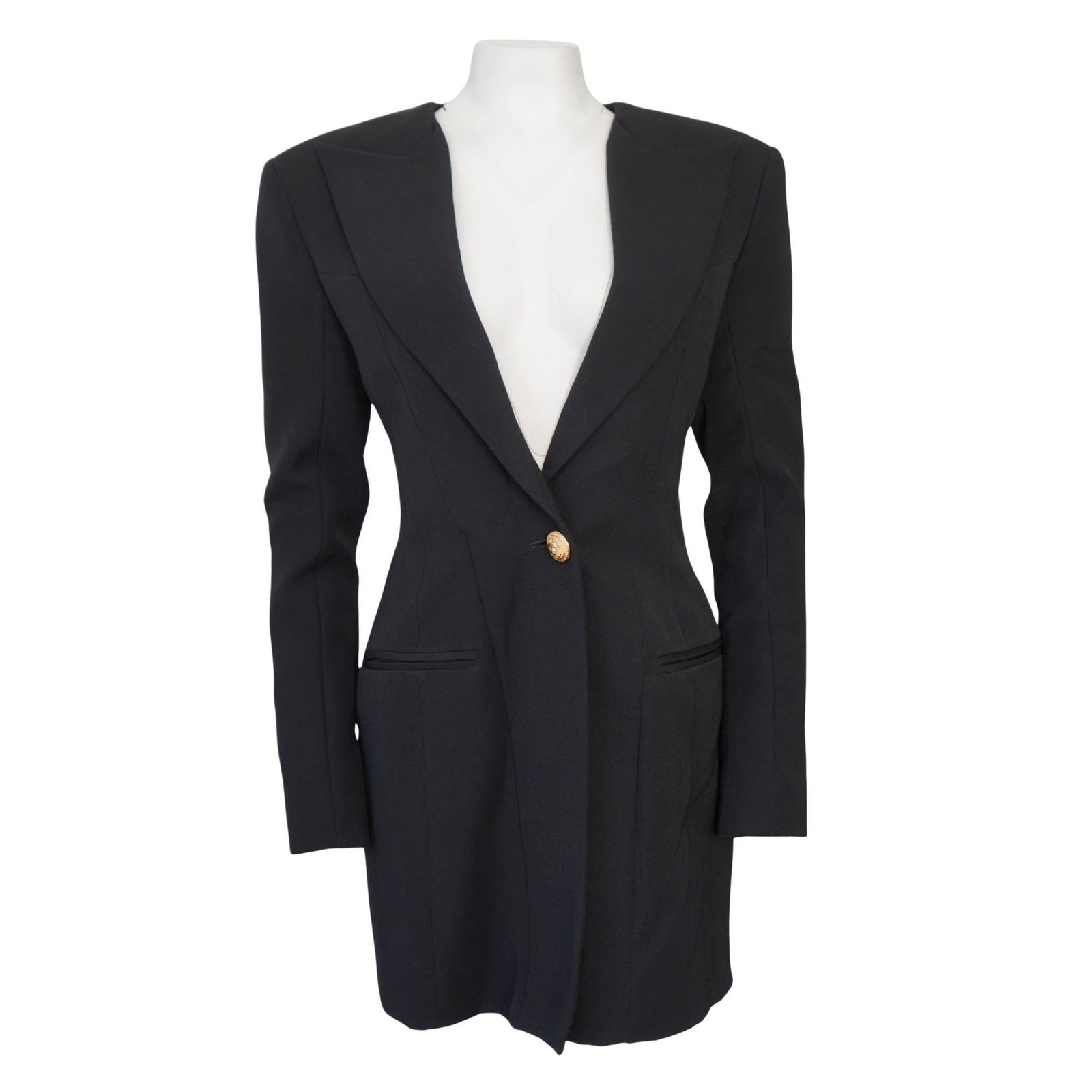 Balmain Black Wool Single Breasted Blazer Mini Dress: Black single button suit dress padded shoulders Size 40 Bust 34" Waist 31" Hips 40" Length 34" Back zip closure faux front button Button sleeve details Great overall condition Reserve: $1,480.00 Shipp