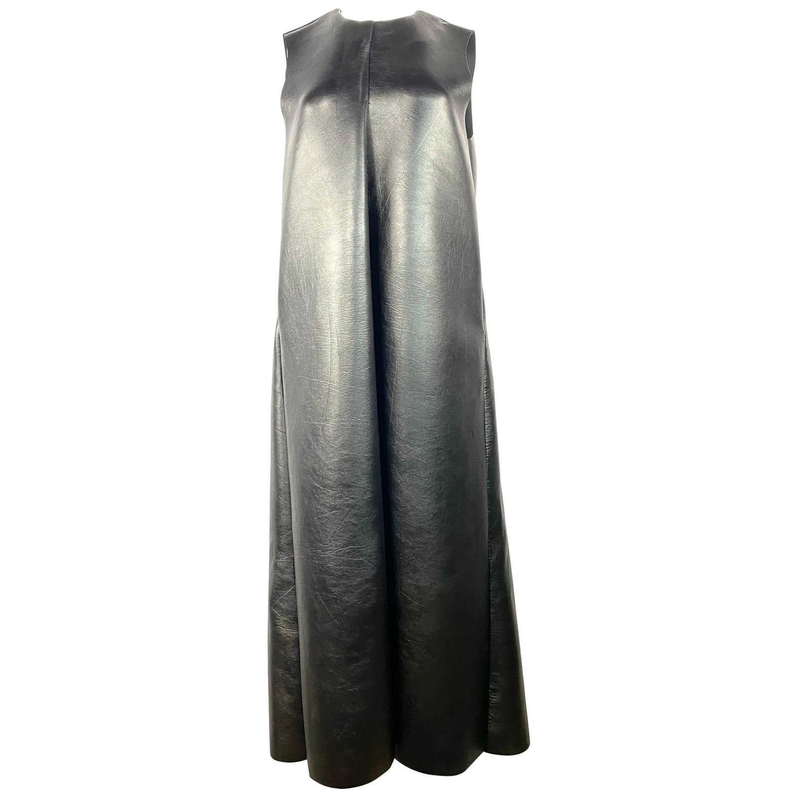Melitta Baumeister Black Faux Leather Sleeveless Maxi Dress: Product details: Featuring flack faux leather, sleeveless, crew neck, pocket on each side, rear zip closure, maxi dress. Size M. Made in USA. Reserve: $792.00 