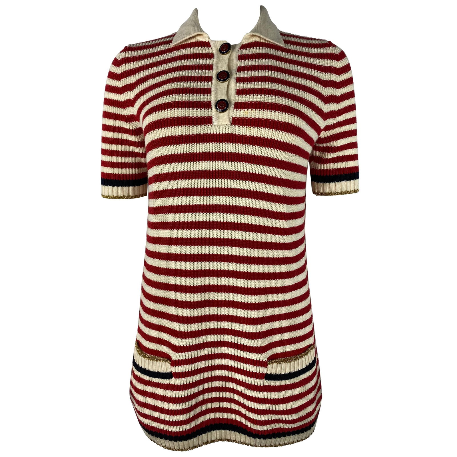 Gucci Red and White Wool Knit Sweater Top: Product details: Featuring short sleeves, three front GG button closure, collar, front dual pockets. Made in Italy. Reserve: $632.00 Shipping:Domestic: Flat-rate of $85.99 to anywhere