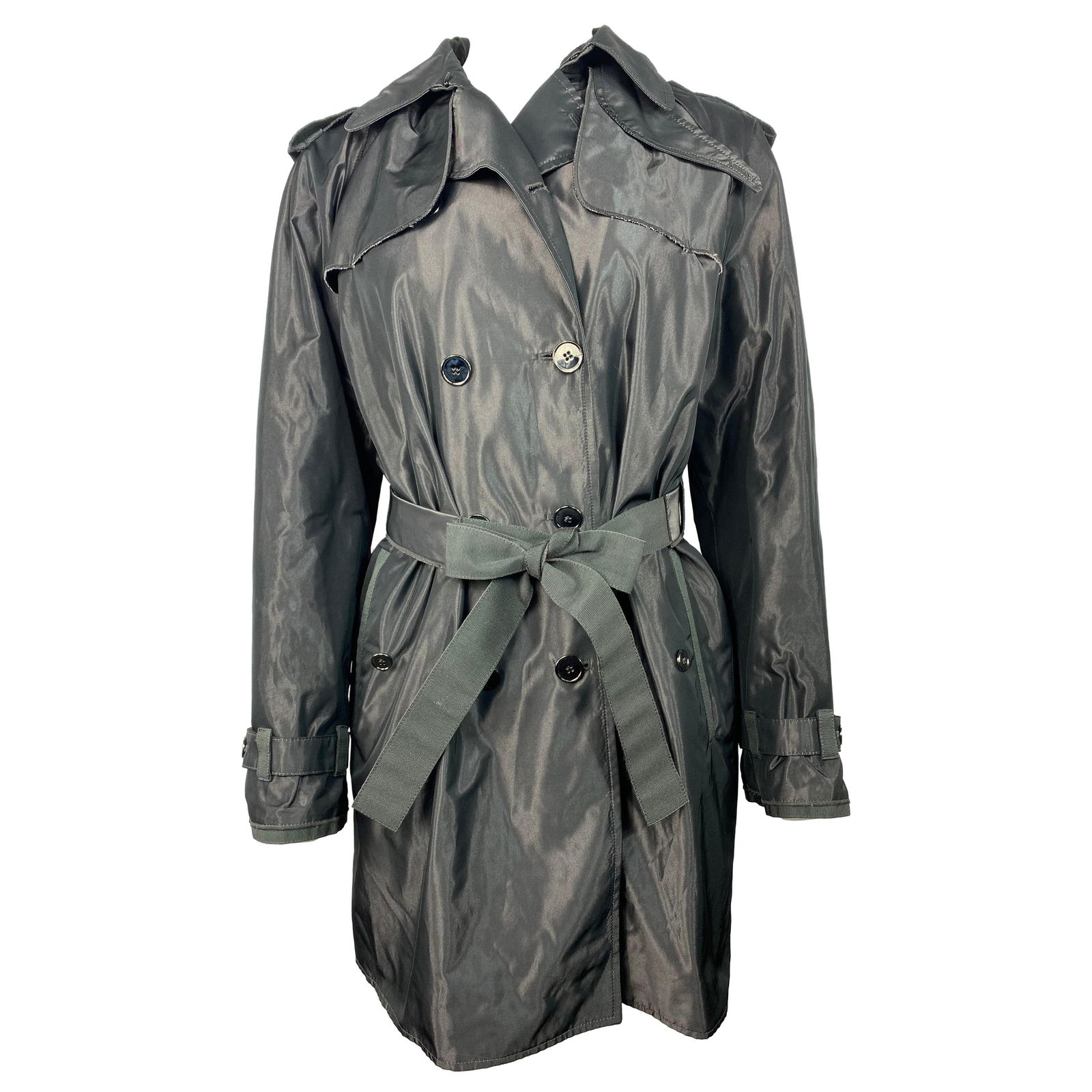 Dolce & Gabbana Grey Trench Rain Mini Coat Size 42: Product details: Featuring charcoal, black, greyish, shiny finish, front large buttons closure with belt detail, collar, pockets on each side with button closure and mini belted detail with the 2