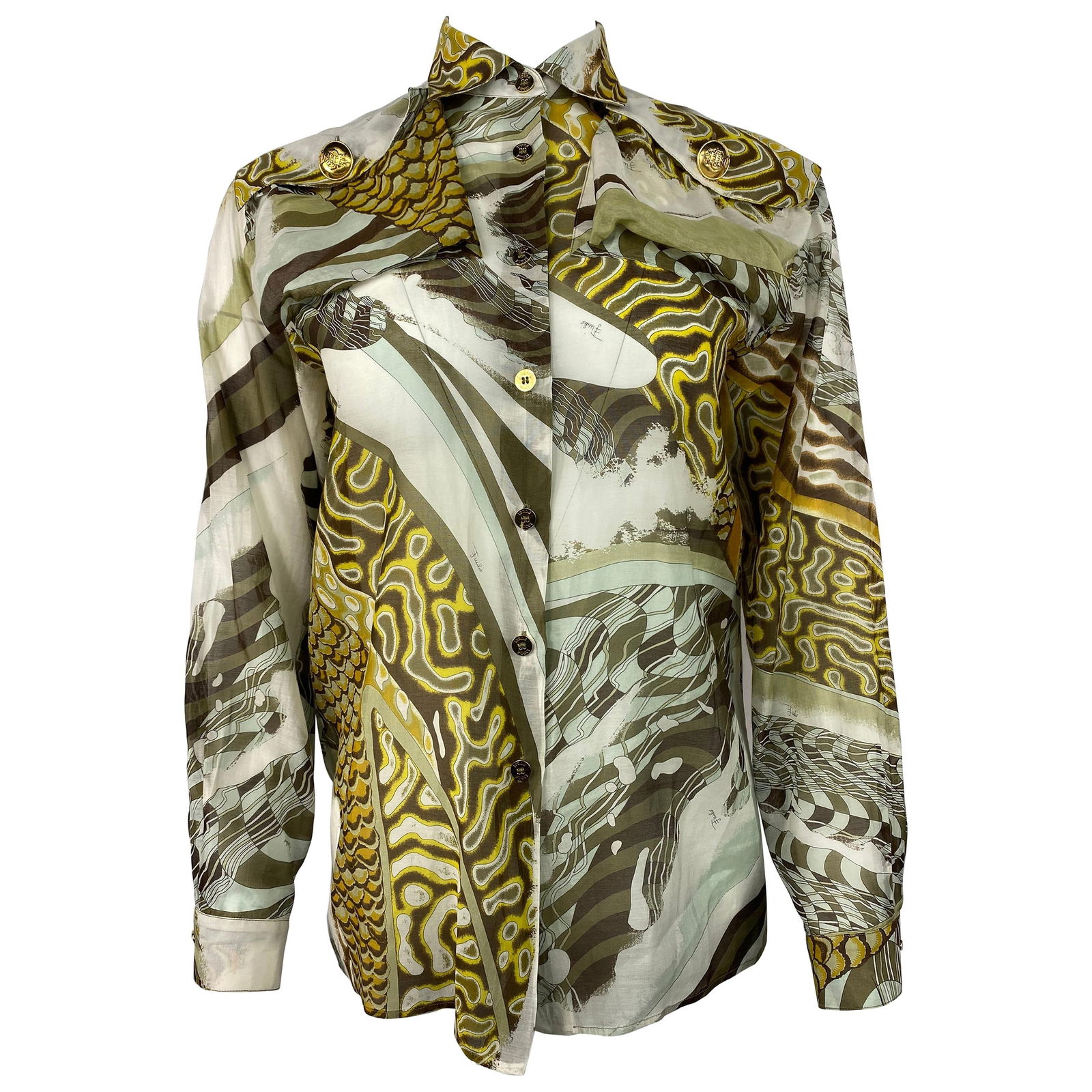 Emilio Pucci Brown Silk and Cotton Button Down Long Sleeves Blouse Shirt Size 36: Product details: Featuring silk and cotton blend, brown, white, blue, yellow and green abstract print, front gold tone buttons closure, stamped PUCCI, dual front pockets located at the shoulder area w