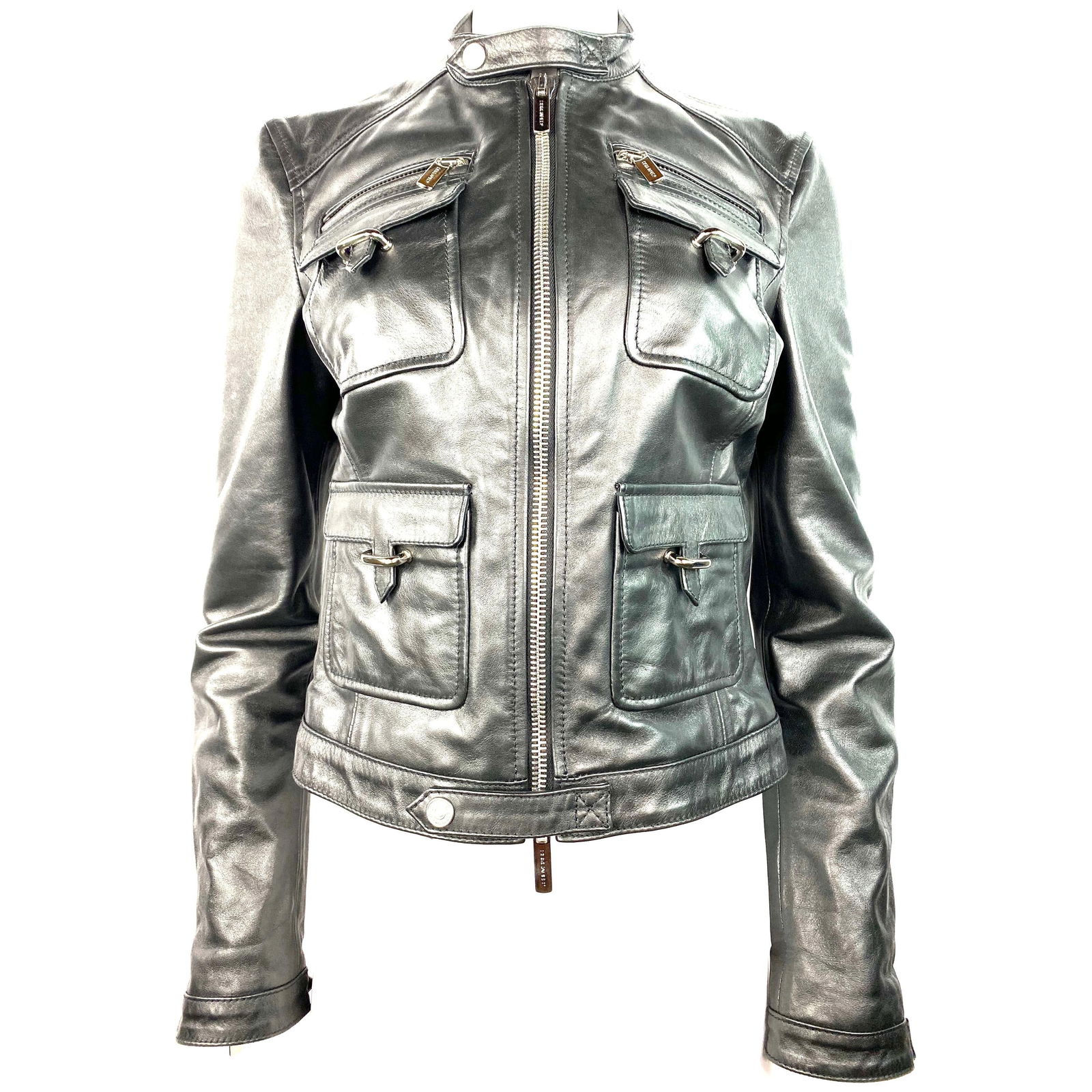 Dsquared2 Black Lether Jacket Size 44: Product details: Size 44 100% leather Featuring moto style leather jacket with silver tone hardware, collar, four six front pockets, front zipper closure, zipper and metal click in button closure on t