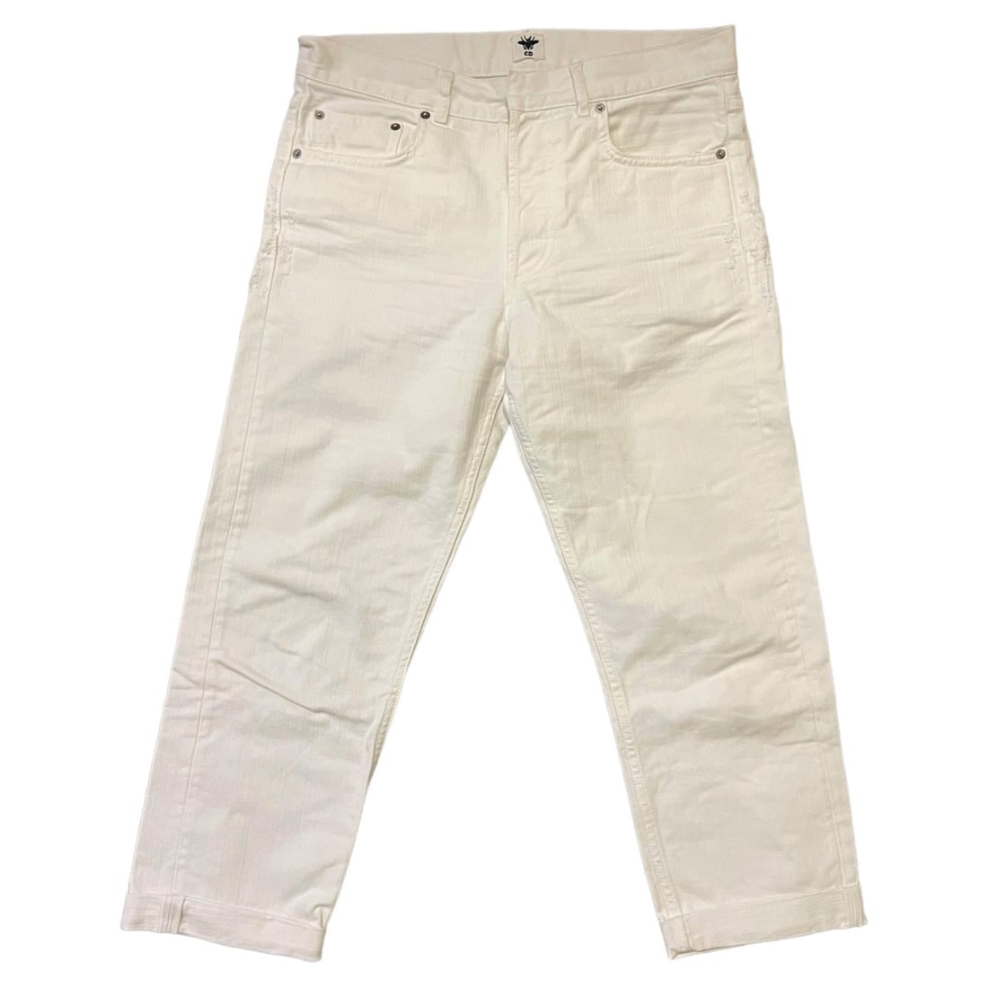 Christian Dior White Pant Jeans, Size 36: Mid rise Cropped with distressed details Straight fit Features front and rear pockets Front button and zip closure Reserve: $680.00 Shipping:Domestic: Flat-rate of $85.99 to anywhere
