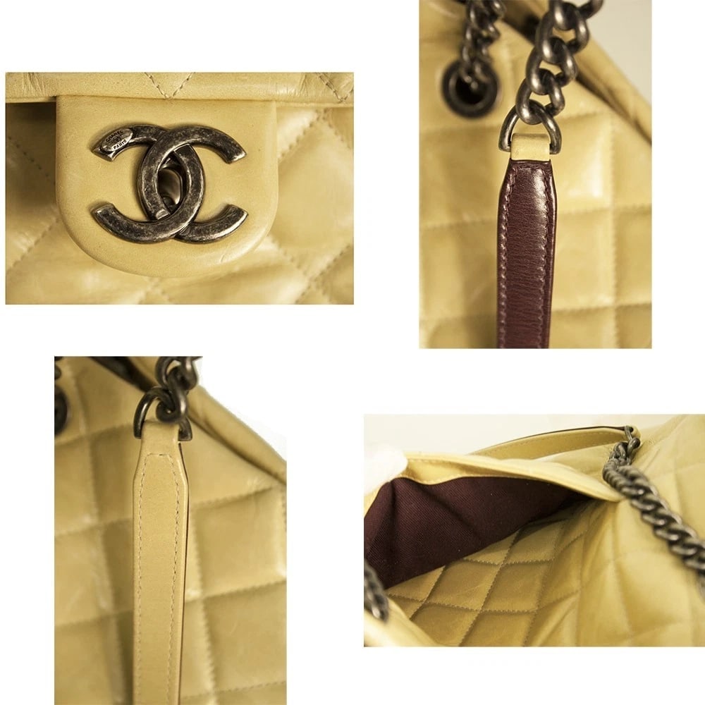 CHANEL Glazed calfskin large flap front pocket tote beige bag gunmetal hardware - 10