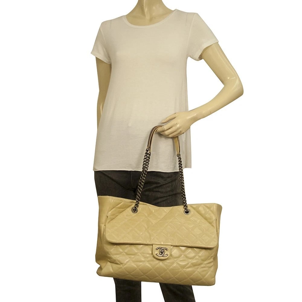 CHANEL Glazed calfskin large flap front pocket tote beige bag gunmetal hardware - 12