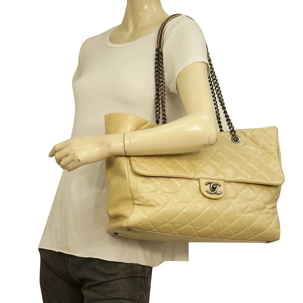 CHANEL Glazed calfskin large flap front pocket tote beige bag gunmetal hardware - 13