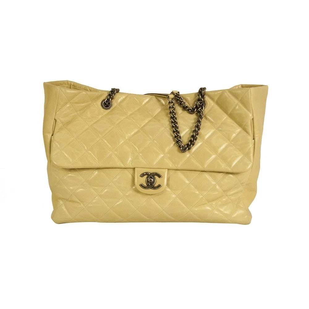 CHANEL Glazed calfskin large flap front pocket tote beige bag gunmetal hardware - 2